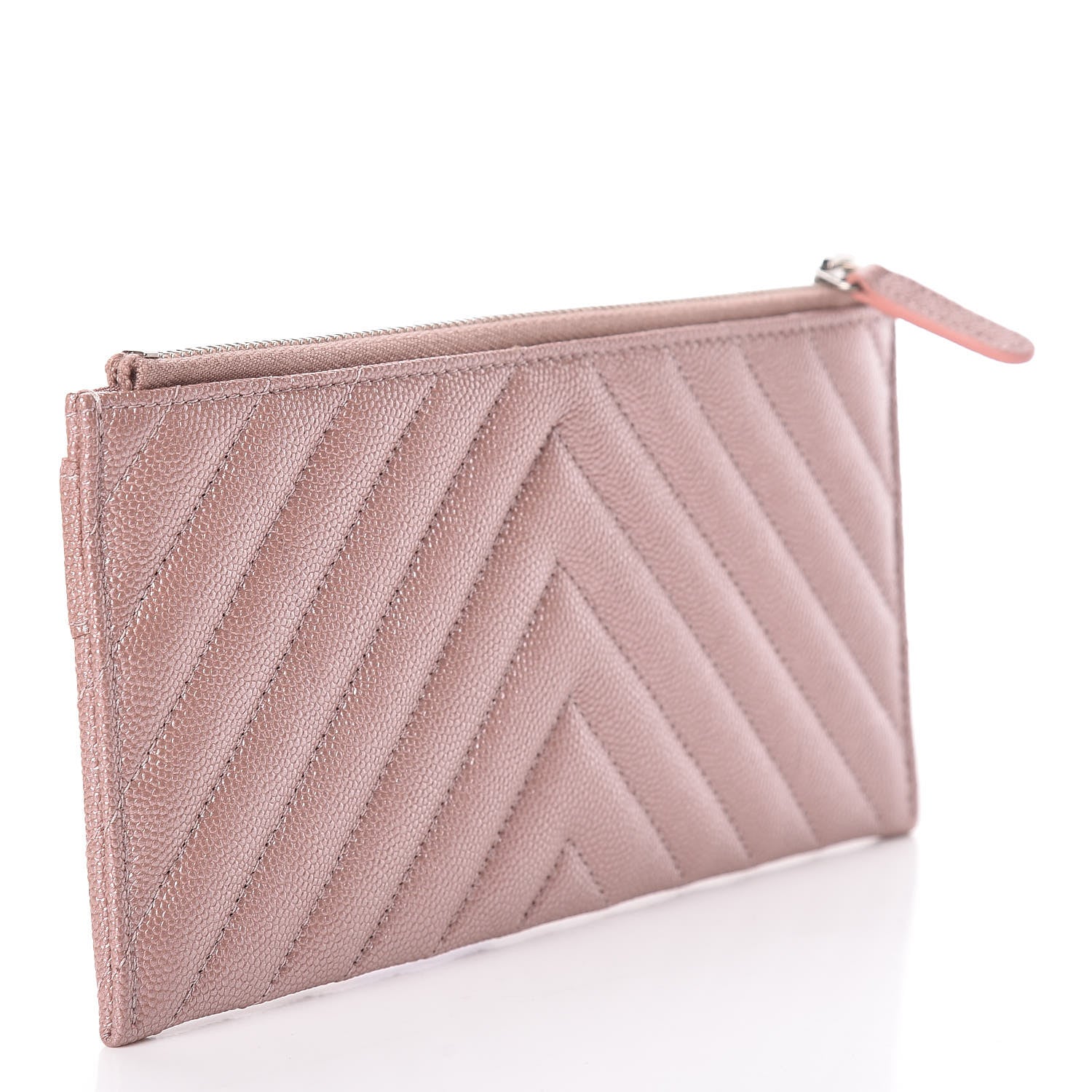 Chanel Metallic Caviar Chevron Quilted Mademoiselle Vintage Zip Pouch Pink 3 of 8