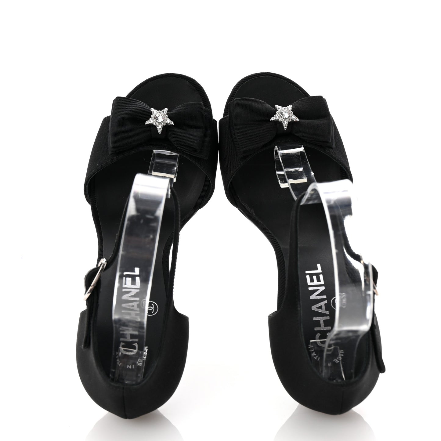 Crepe Grosgrain Crystal Bow Open Toe Sandals 37 Black
