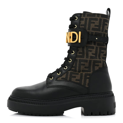 Fendi Vitello Fabric Jacquard FF Fendigraphy 50mm Biker Boots 42 Black Tobacco 1 of 13