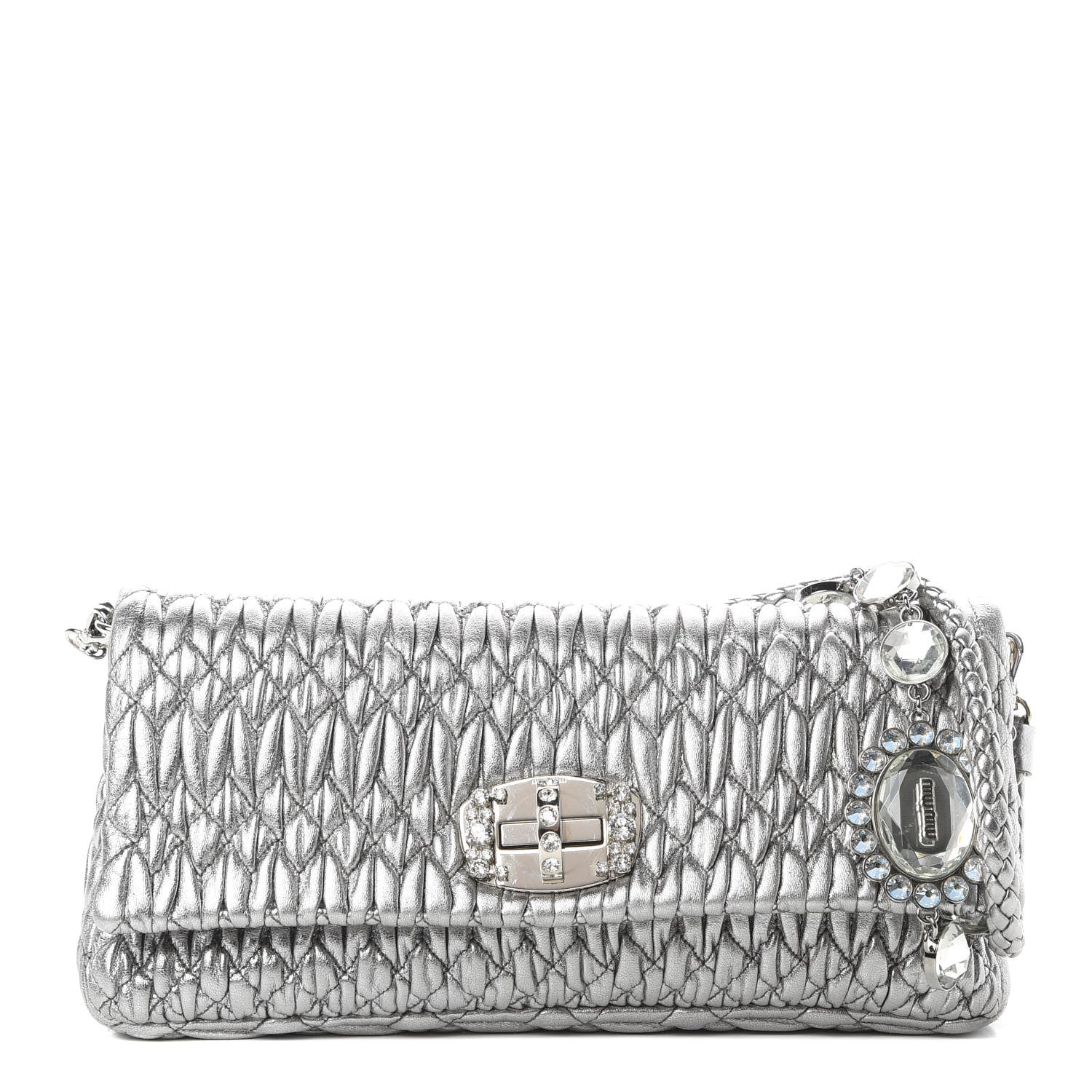 Miu Miu Nappa Matelasse Crystal Flap Clutch Cromo 1 of 13