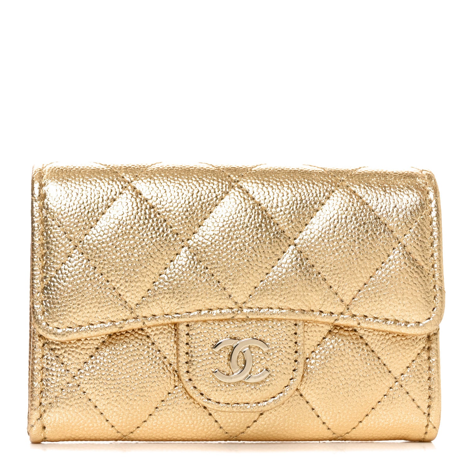 Chanel Metallic Caviar Quilted Flap Card Holder Wallet Gold 1 of 8