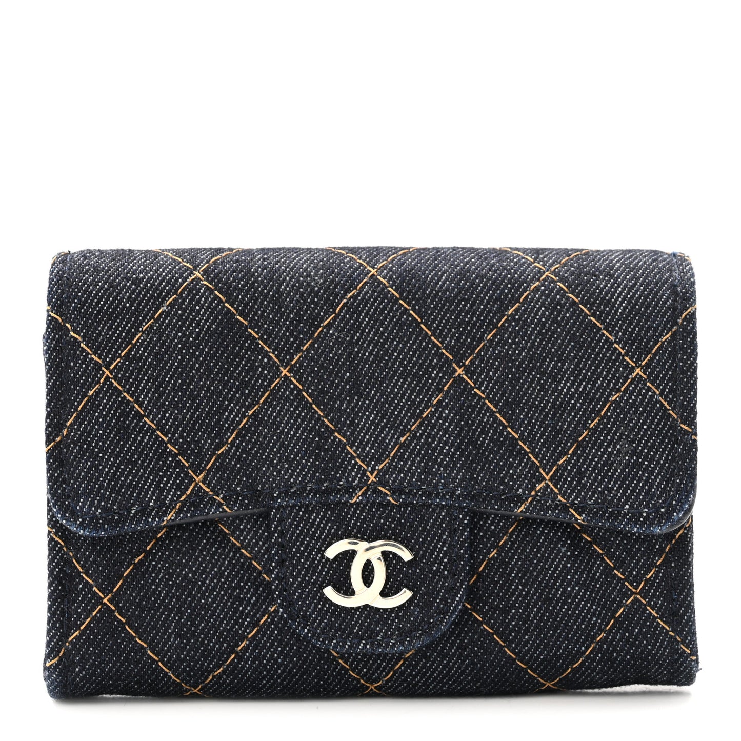 Denim Quilted Flap Card Holder Wallet Dark Blue Orange