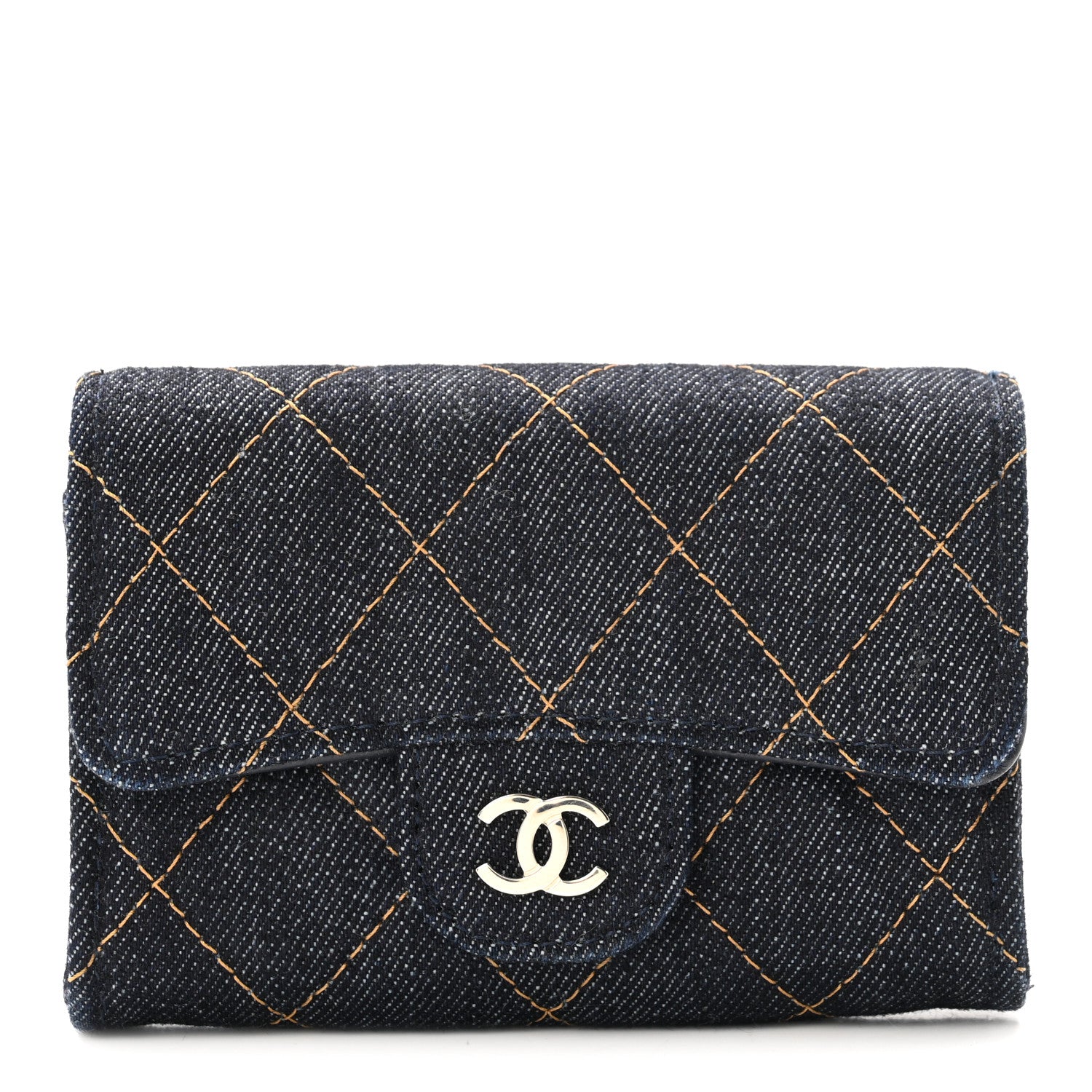 Chanel Denim Quilted Flap Card Holder Wallet Dark Blue Orange 1 of 8