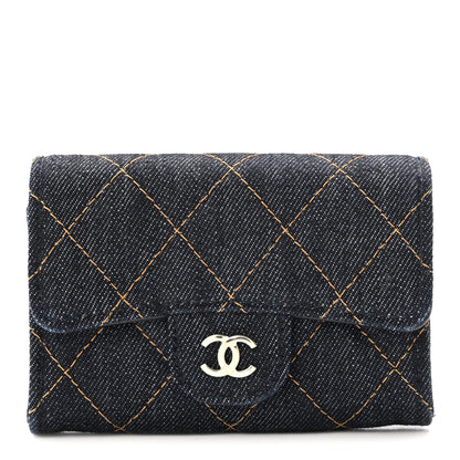 Chanel Denim Quilted Flap Card Holder Wallet Dark Blue Orange 1 of 8