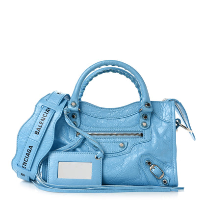 Balenciaga Agneau Classic Silver Hardware Mini City Logo Strap Baby Blue Black 1 of 10