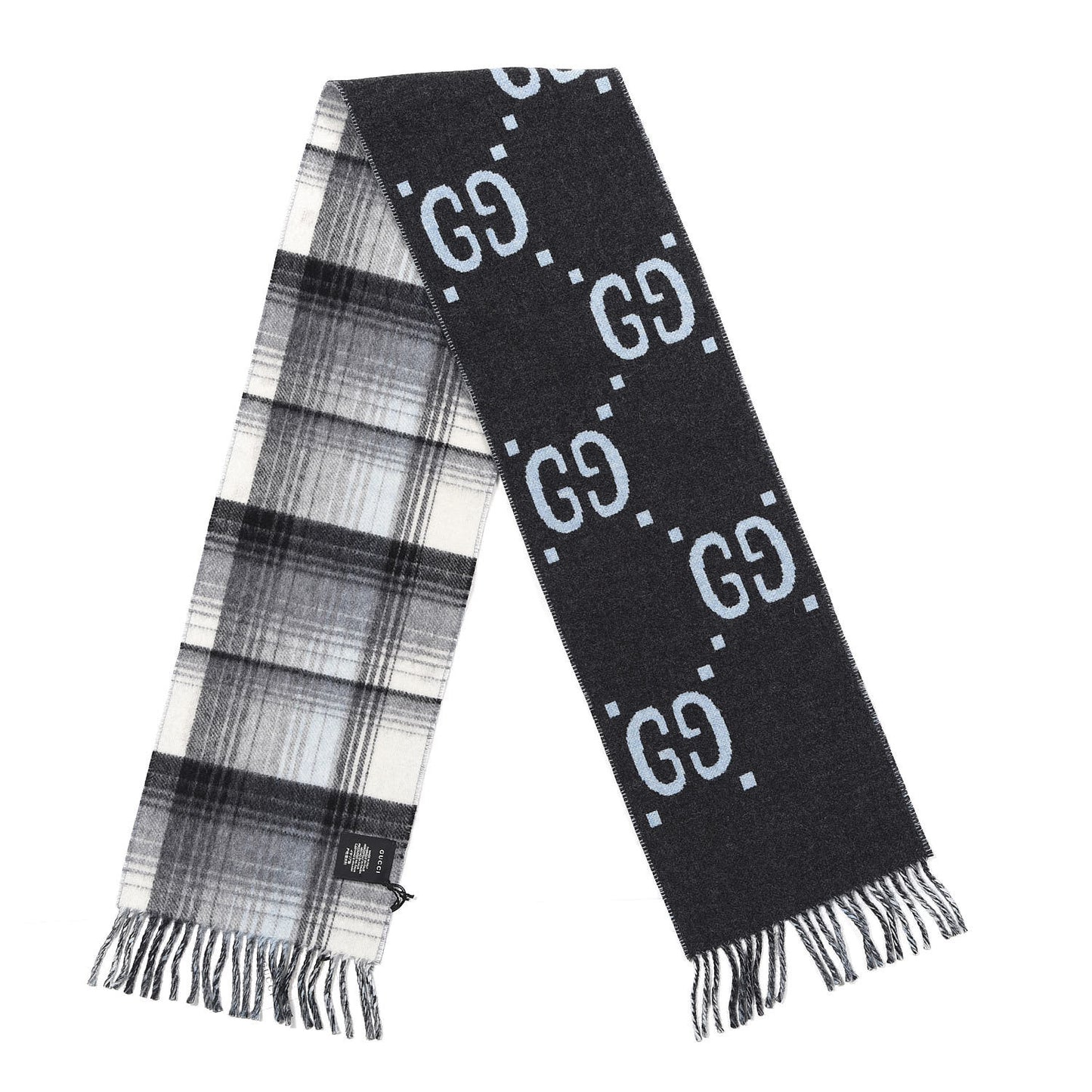 Wool GG Monogram Plaid Tartan Free Scarf Grey