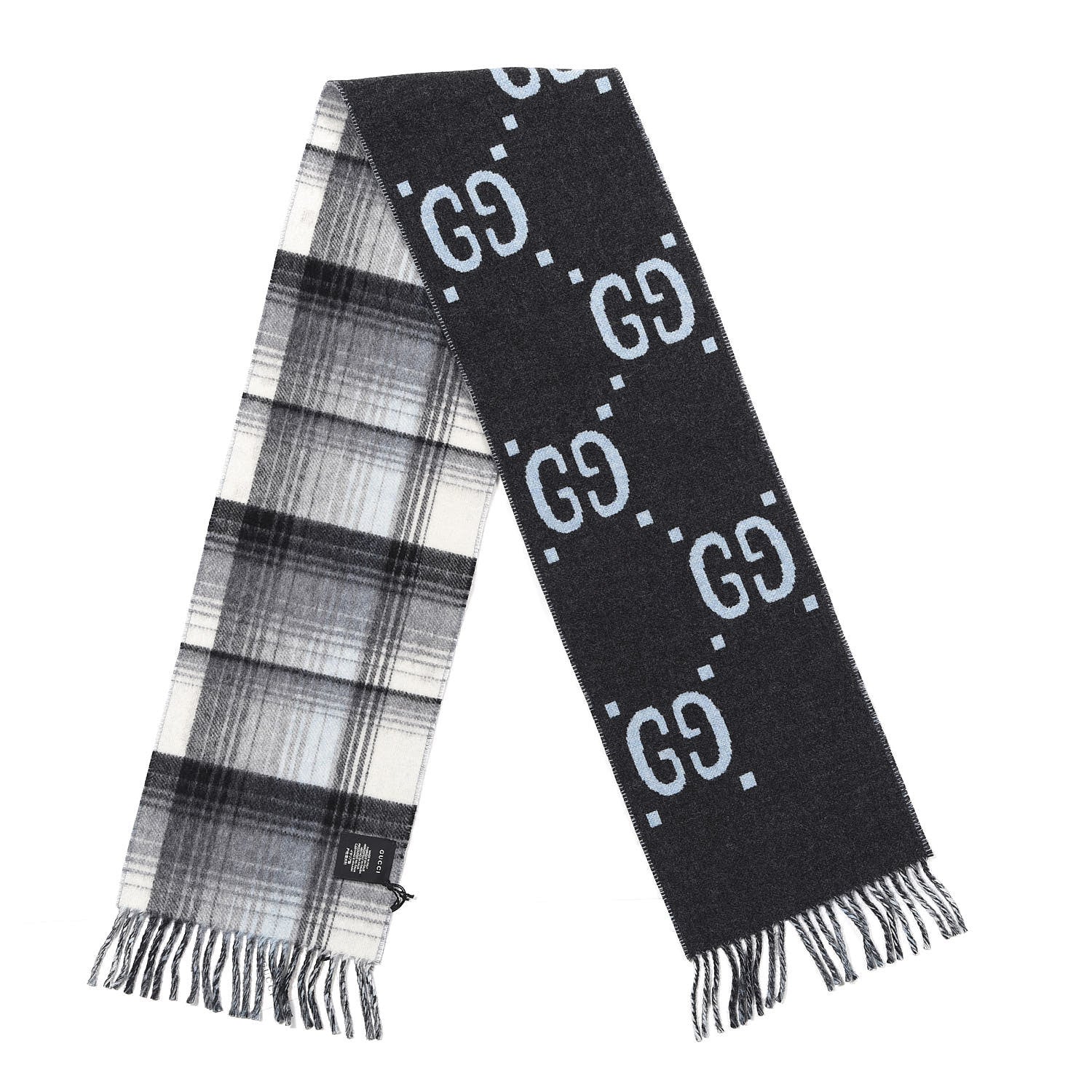 Gucci Wool GG Monogram Plaid Tartan Free Scarf Grey 2 of 4