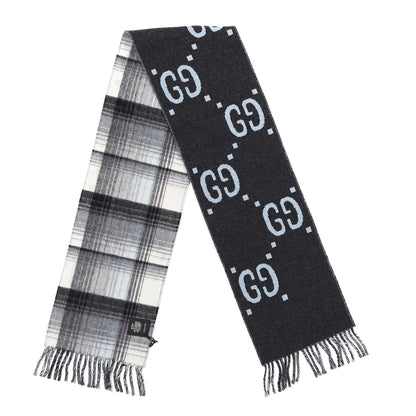 Gucci Wool GG Monogram Plaid Tartan Free Scarf Grey 2 of 4