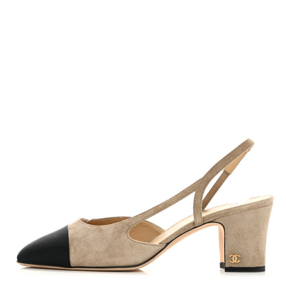Chanel Kid Suede Grosgrain Cap Toe CC Slingback Sandals 39 Beige Black 1 of 9