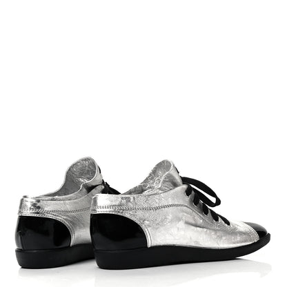 Chanel Metallic Lambskin Patent Cap Toe CC Sneakers 39.5 Silver Black 8 of 17