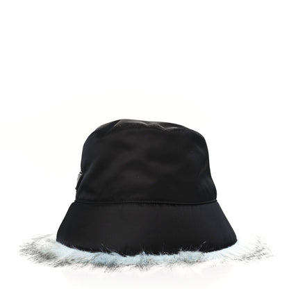 Prada Re-Nylon Faux Fur Metal Triangle Logo Womens Bucket Hat M Black Astro 2 of 6