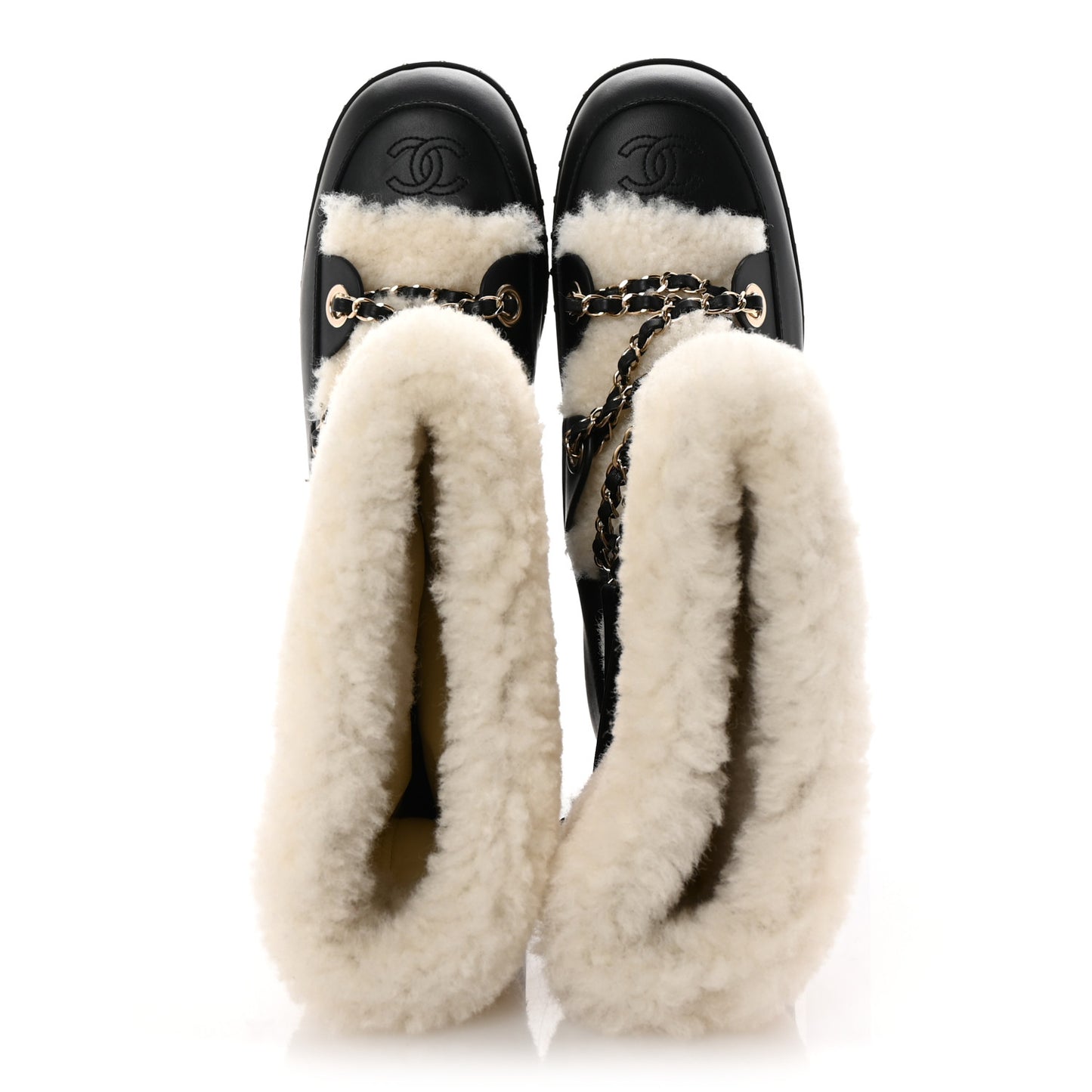 Calfskin Shearling Lambskin CC Cap Toe Chain Snow Boots 39 Black White