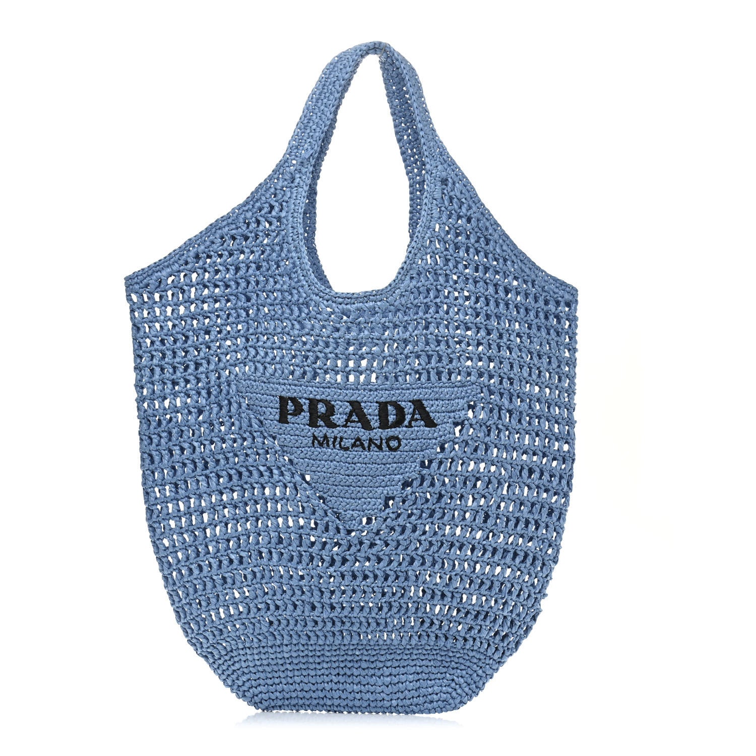 Prada Yarn Raffia Effect Crochet Logo Embroidered Shopping Tote Bag Celeste 1 of 10