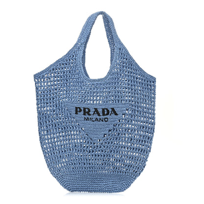 Prada Yarn Raffia Effect Crochet Logo Embroidered Shopping Tote Bag Celeste 1 of 10