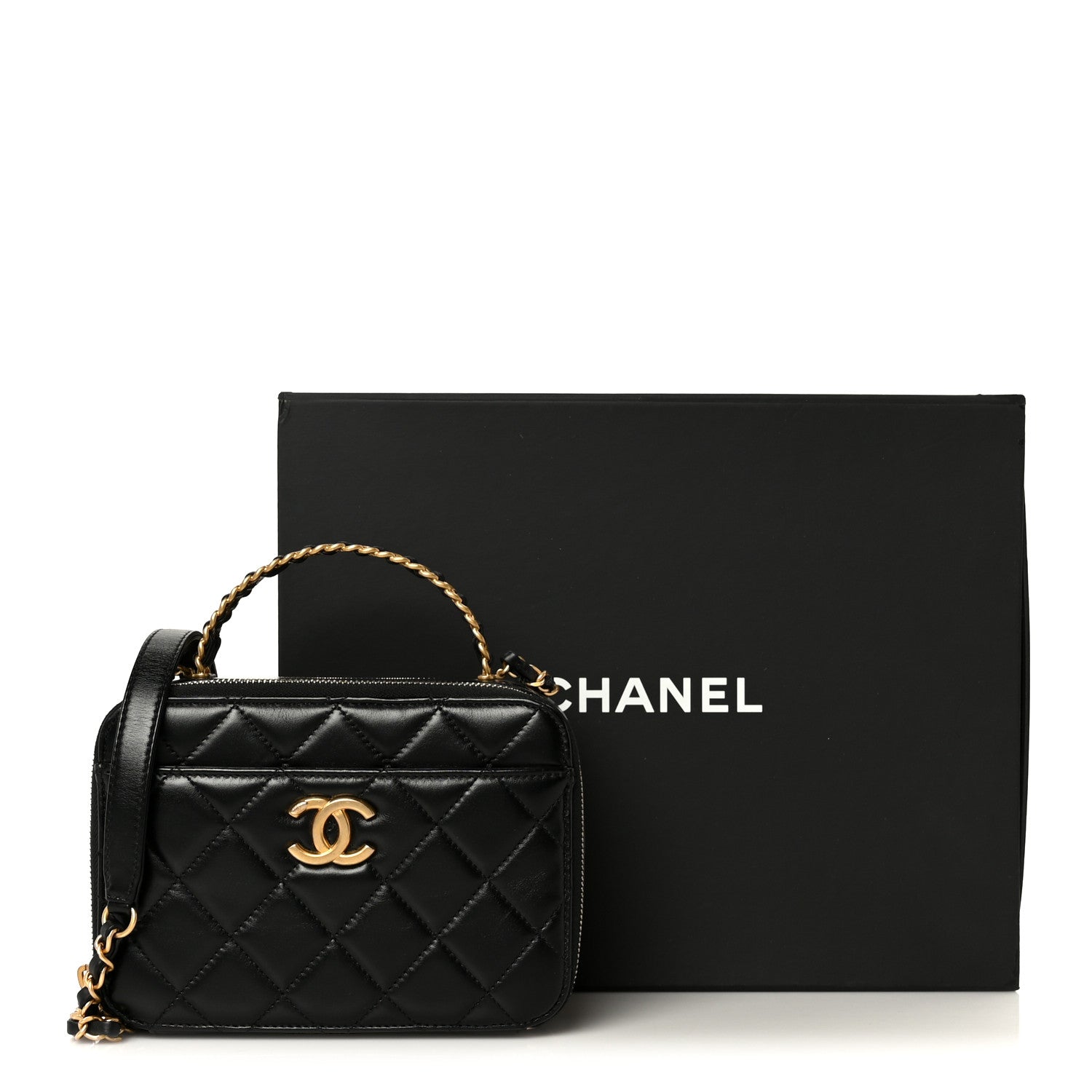 Chanel Shiny Calfskin Quilted Top Handle Vanity Black 1890632