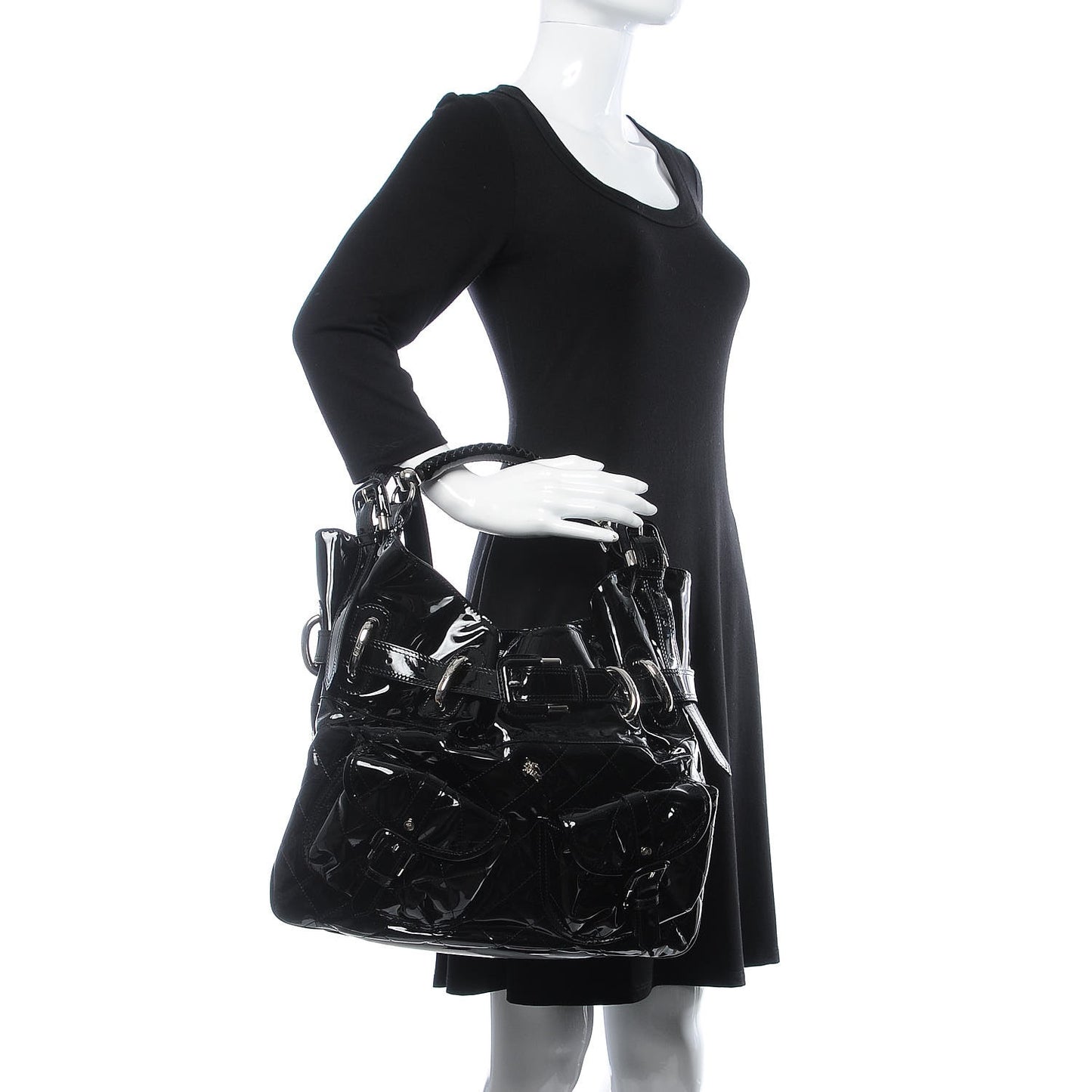 Patent Calfskin Quilted Large Manor Tote Black