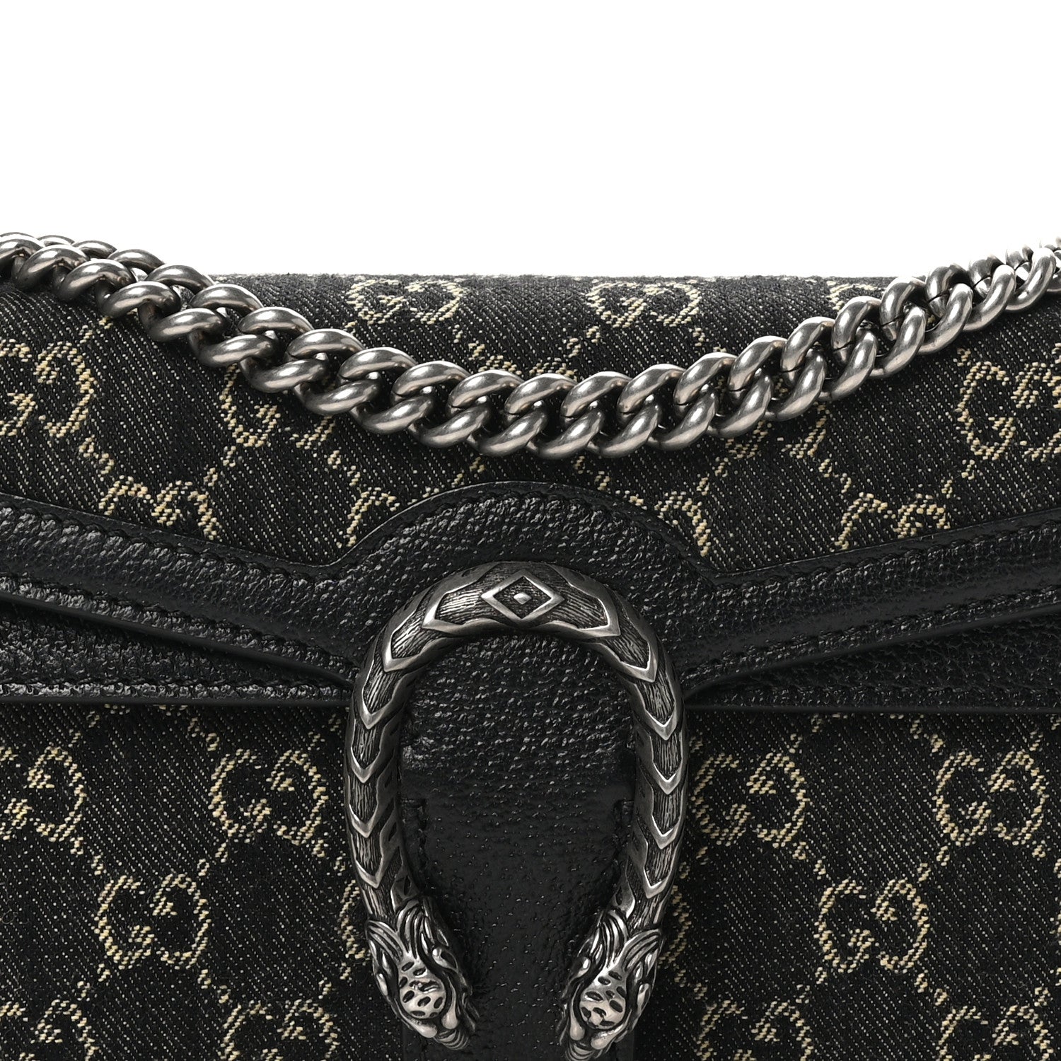 Gucci Jacquard Black Denim GG Monogram Textured Dollar Calfskin Small Dionysus Shoulder Bag Black Ivory 7 of 9