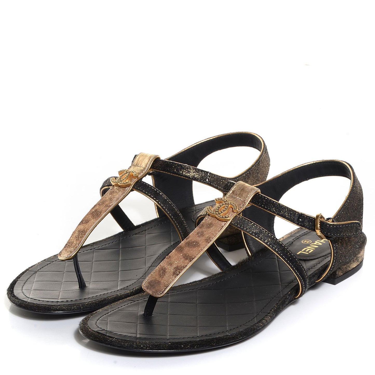 Calfskin Leopard Print Pony Hair CC Sandals Gold Black