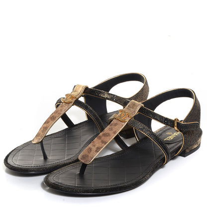 Chanel Calfskin Leopard Print Pony Hair CC Sandals Gold Black 3 of 7