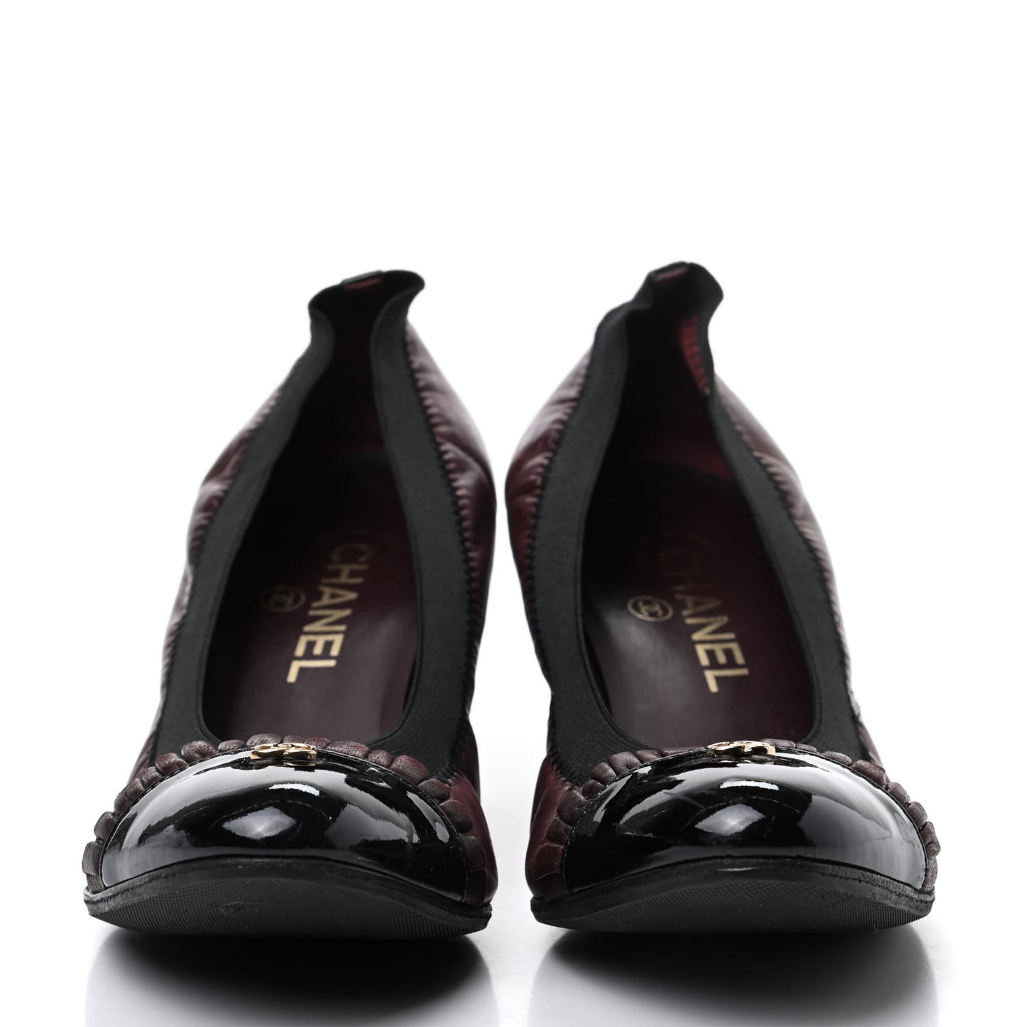 Lambskin Patent CC Elastic Cap Toe Ballerina Pumps 37.5 Burgundy Black