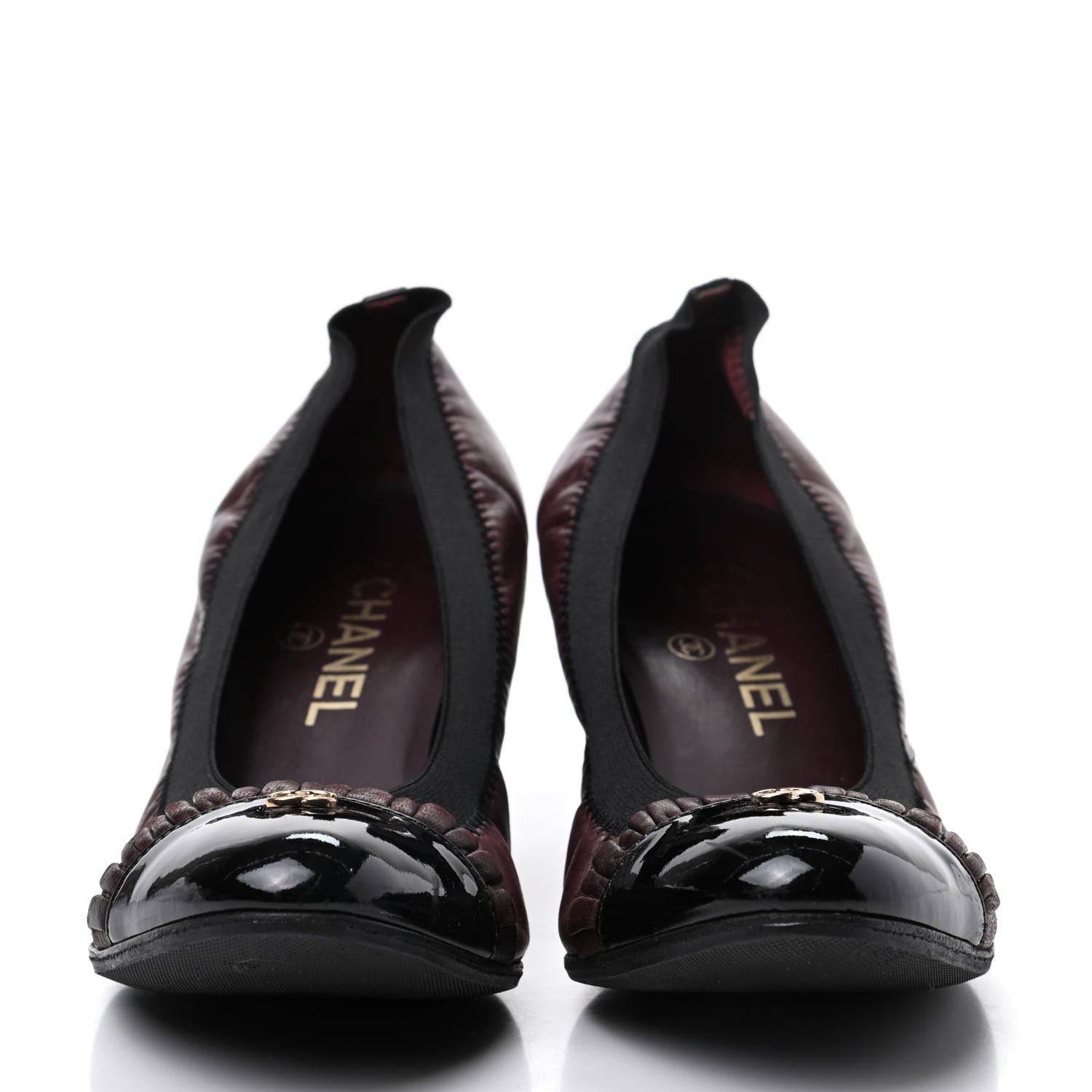 Chanel Lambskin Patent CC Elastic Cap Toe Ballerina Pumps 37.5 Burgundy Black 2 of 16