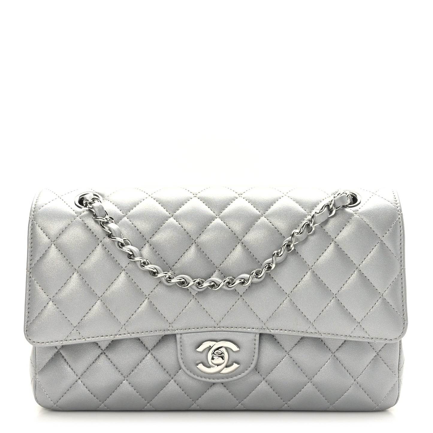 Iridescent Lambskin Quilted Medium Double Flap Grey