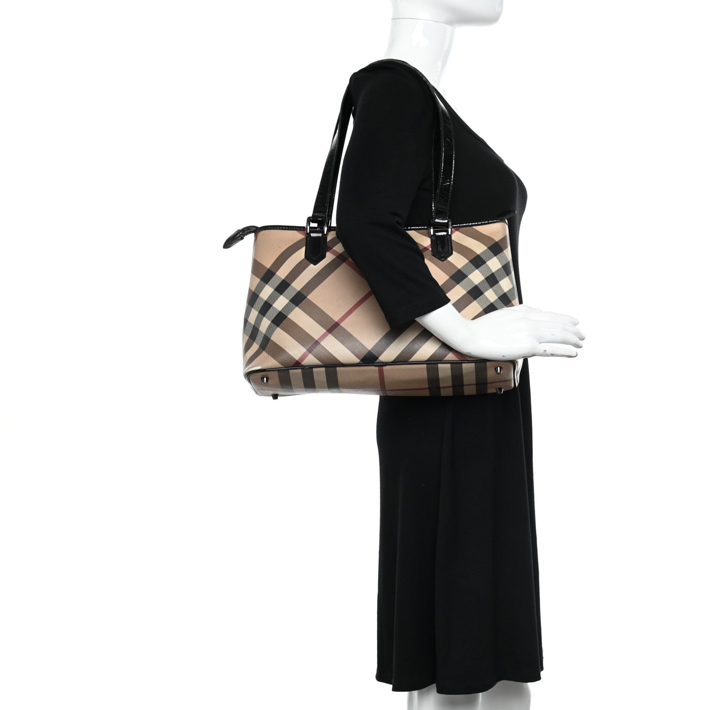 Patent Trim Nova Check Shopper Tote Black