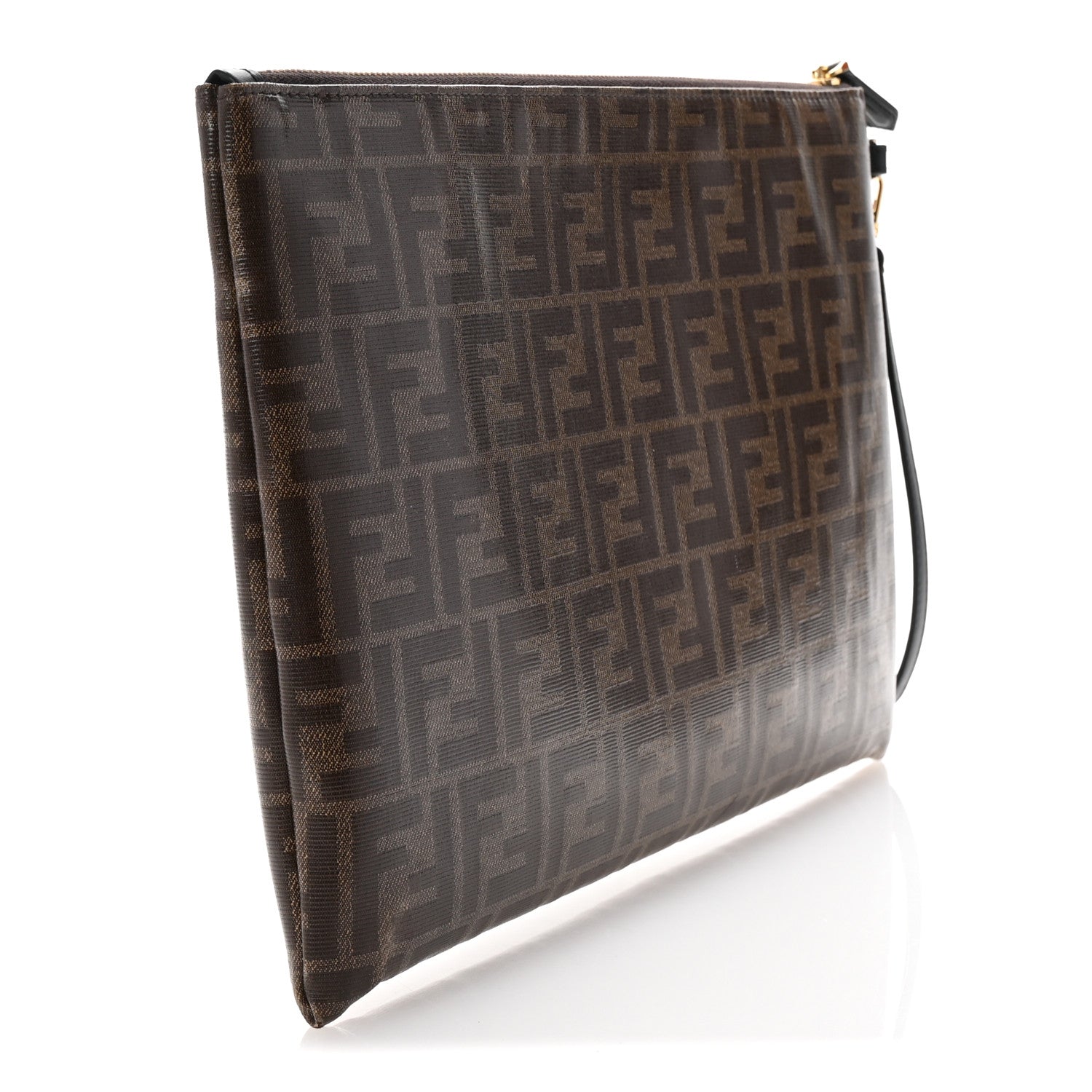 Fendi Glazed Fabric Vitello Century FF 1974 Stamp Patch Large Flat Pouch Mogano Panna Black 3 of 8
