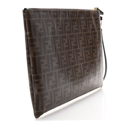 Fendi Glazed Fabric Vitello Century FF 1974 Stamp Patch Large Flat Pouch Mogano Panna Black 3 of 8