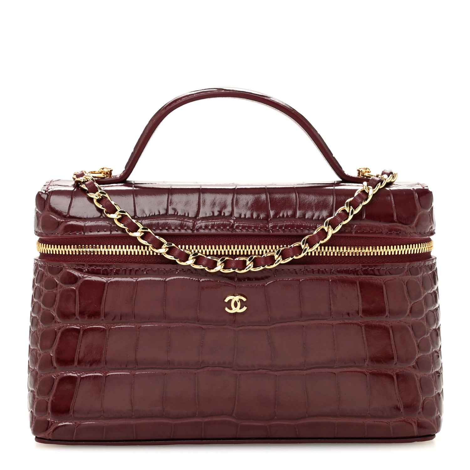 Chanel Calfskin Crocodile Embossed Crococo Top Handle Slim Vanity Case With Chain Dark Burgundy 1 of 11