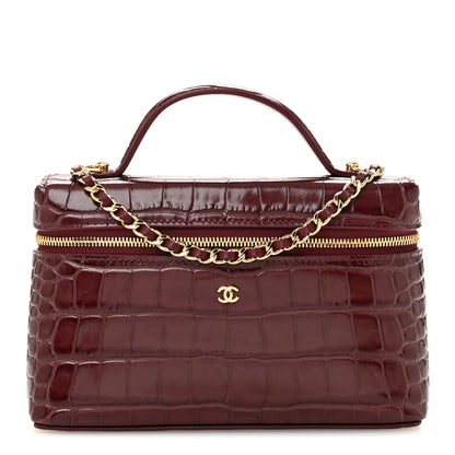 Chanel Calfskin Crocodile Embossed Crococo Top Handle Slim Vanity Case With Chain Dark Burgundy 1 of 11