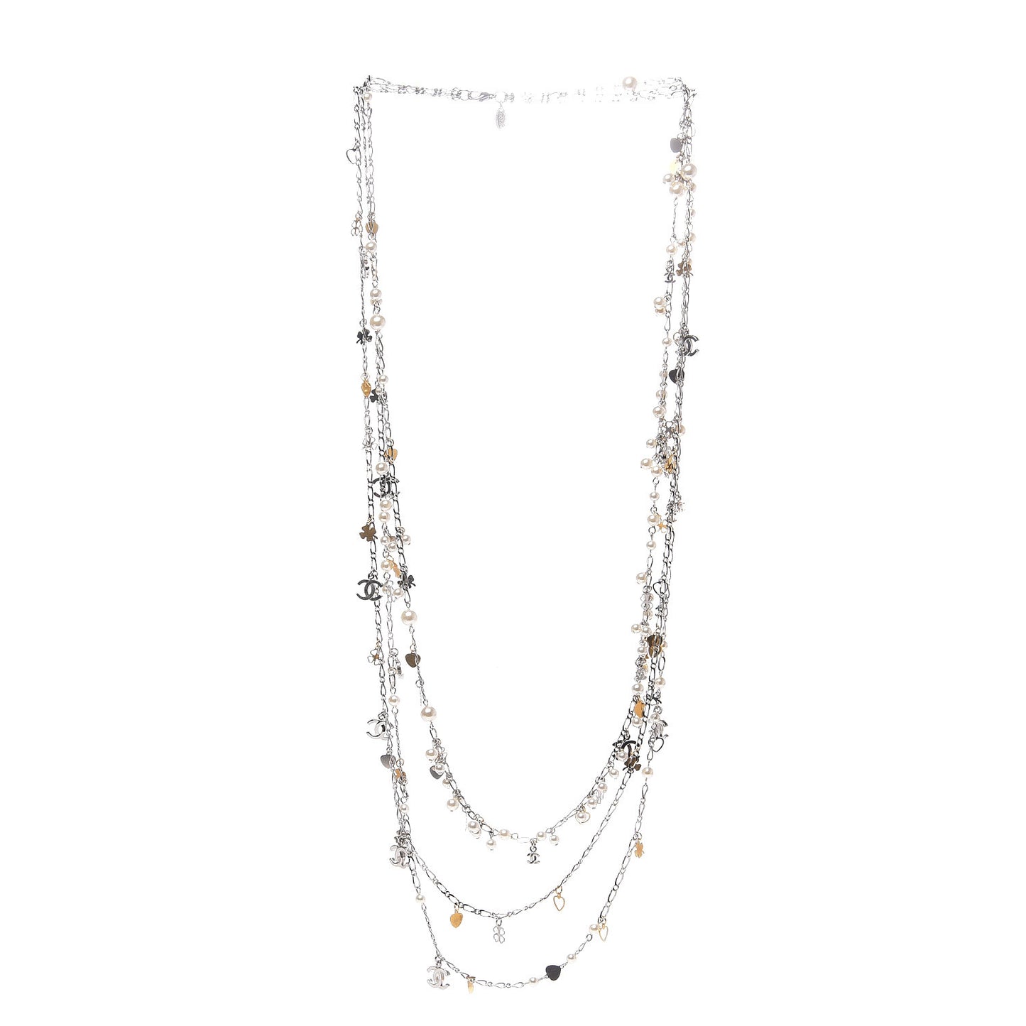 Pearl Beaded Resin CC Multi Strand Long Necklace Silver Nacre