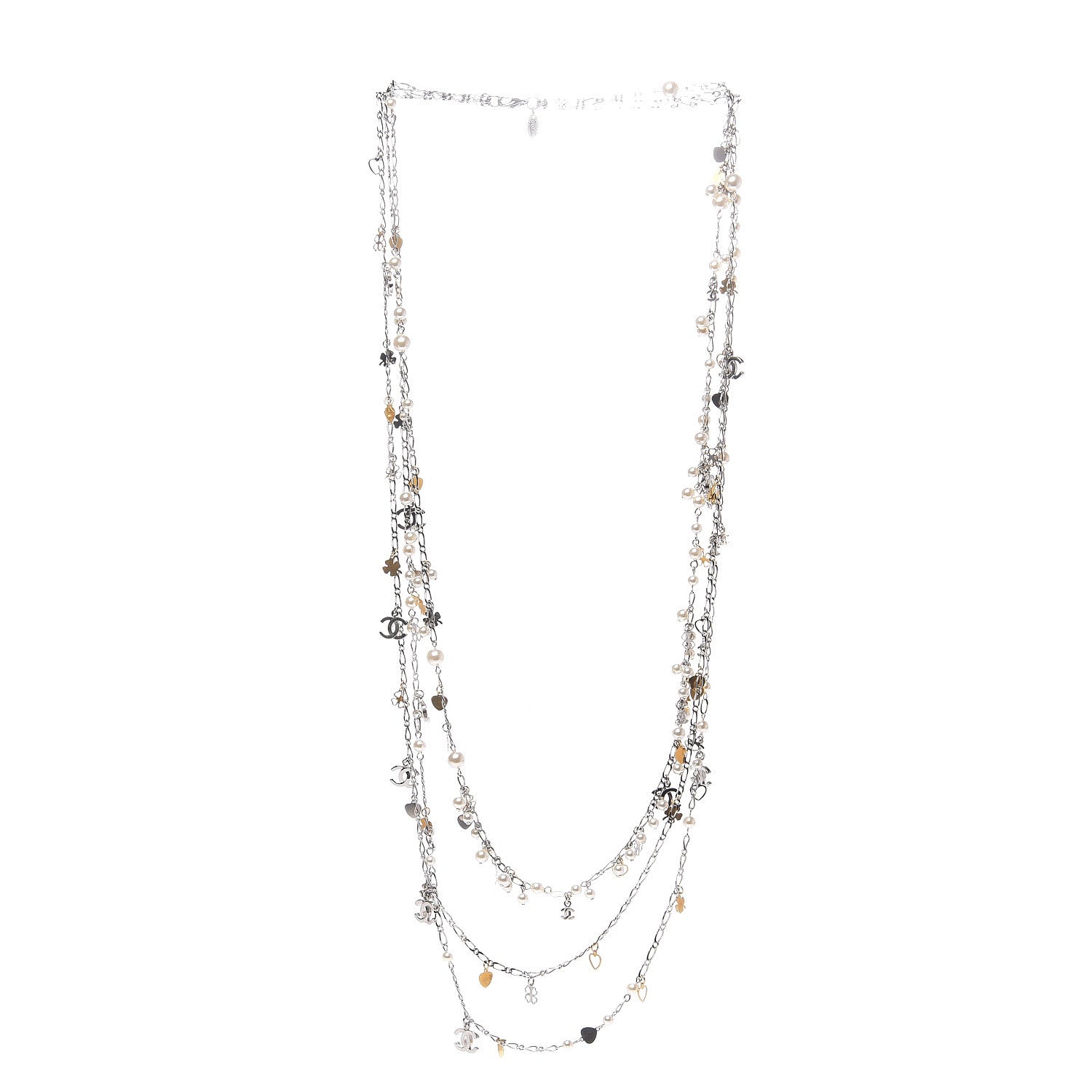 Chanel Pearl Beaded Resin CC Multi Strand Long Necklace Silver Nacre 2 of 3