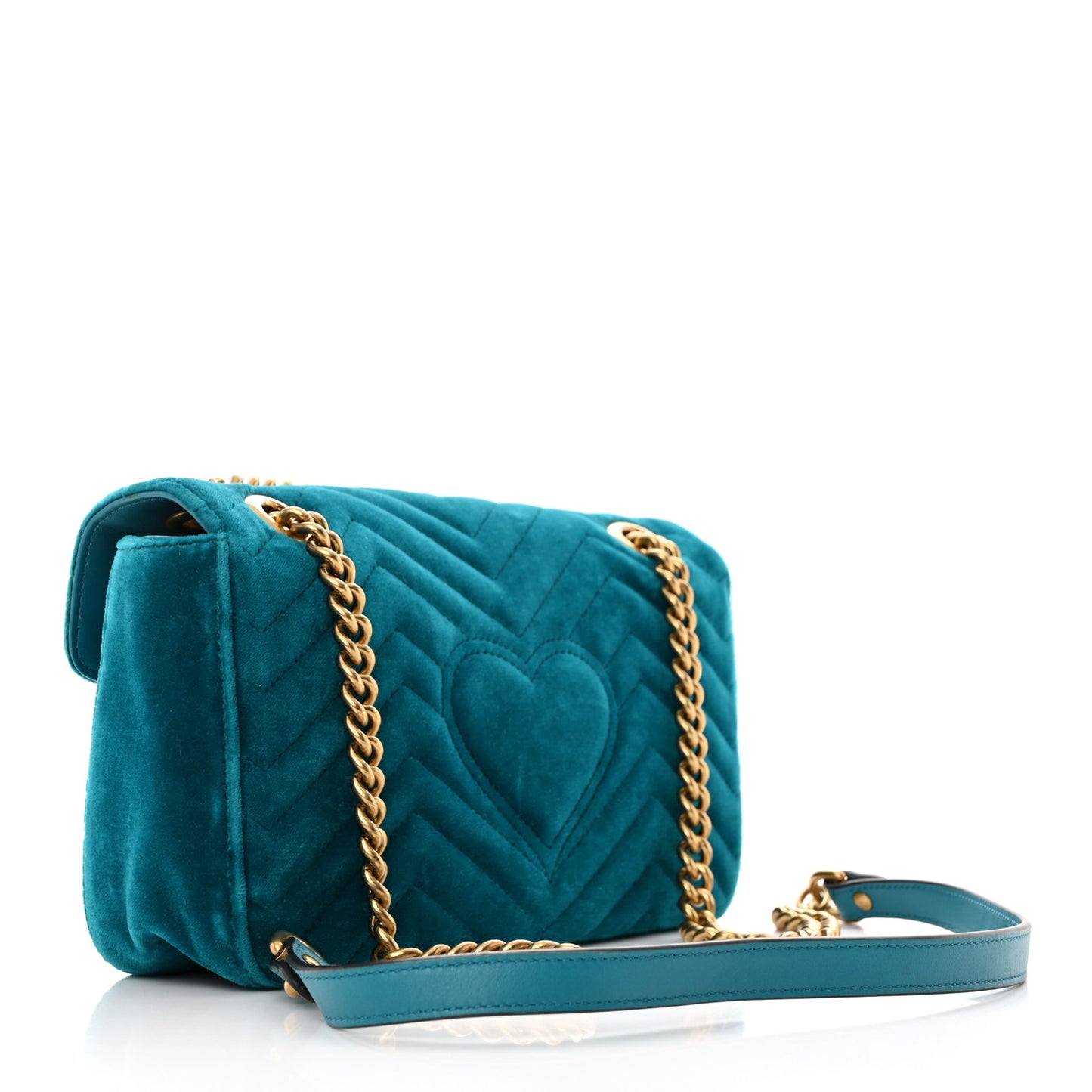 Velvet Matelasse Embroidered Small GG Marmont Shoulder Bag Pavone Cyan