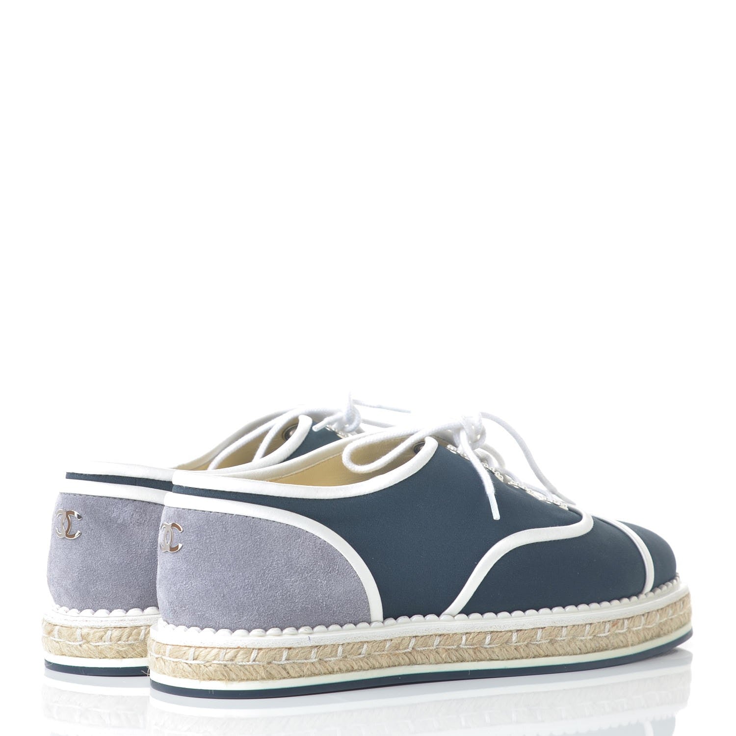 Chanel Crepe Suede Lace Up Espadrilles 36 Navy Grey 4 of 9