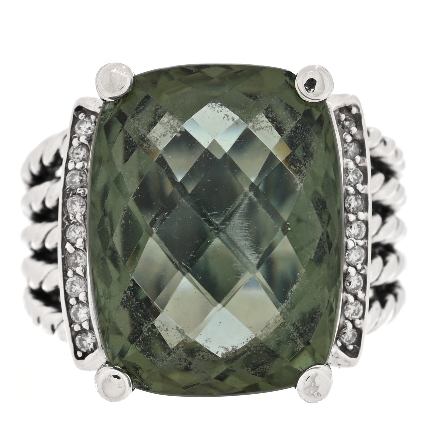 David Yurman Sterling Silver Diamond Prasiolite 20mm Wheaton Ring 58 8.25 1 of 4