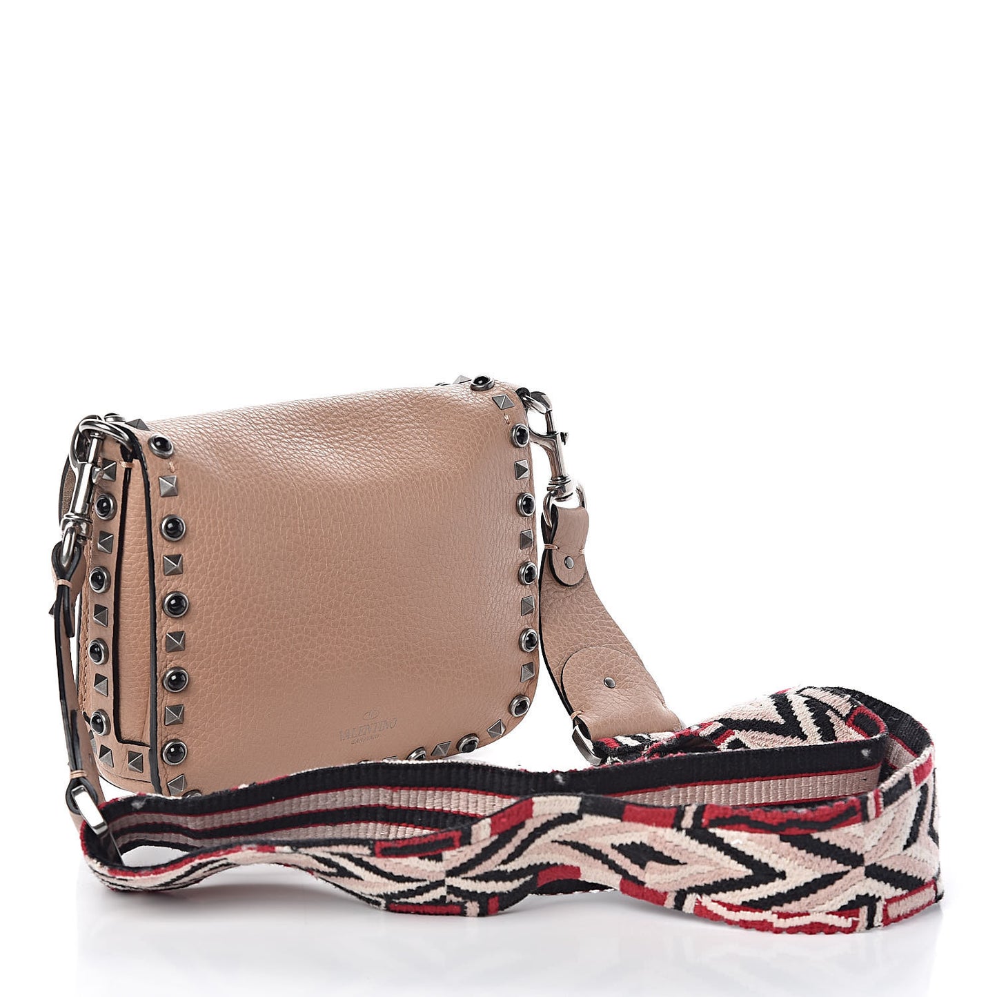 Grained Calfskin Onyx Guitar Strap Rockstud Rolling Shoulder Flap Messenger Bag Soft Noisette
