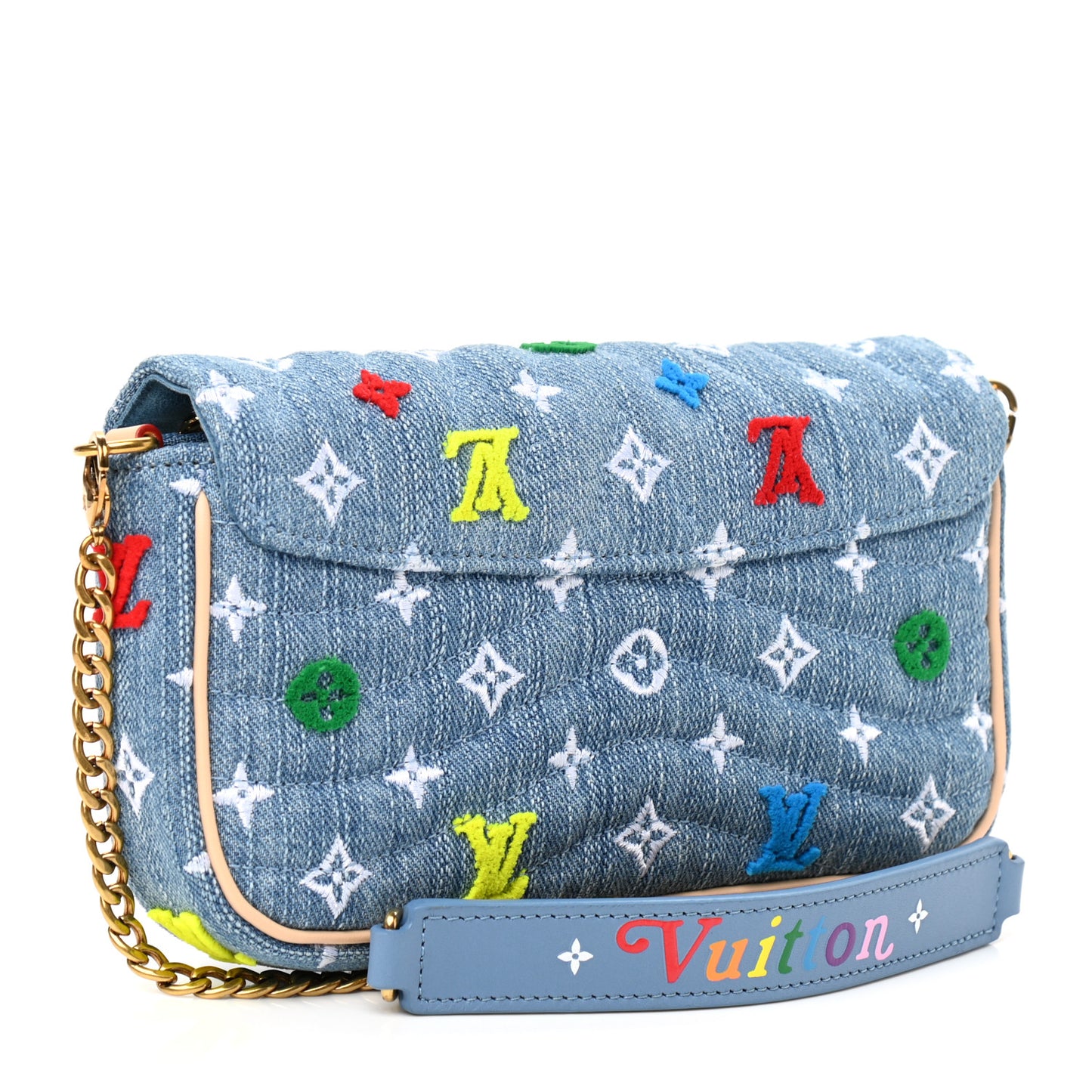 Embroidered Monogram Denim New Wave Chain Pochette Blue