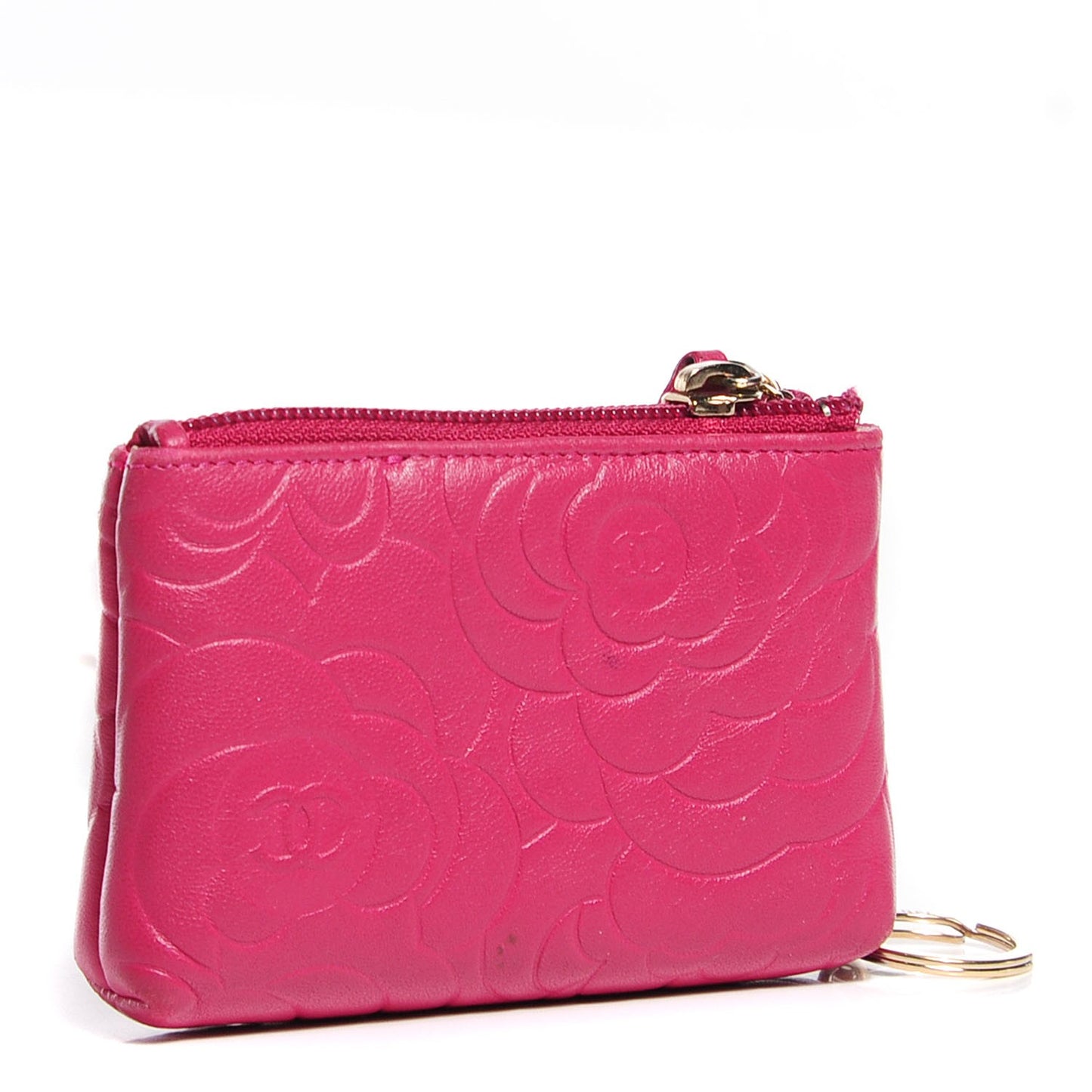 Lambskin Camellia Embossed Key Holder Case Fuchsia