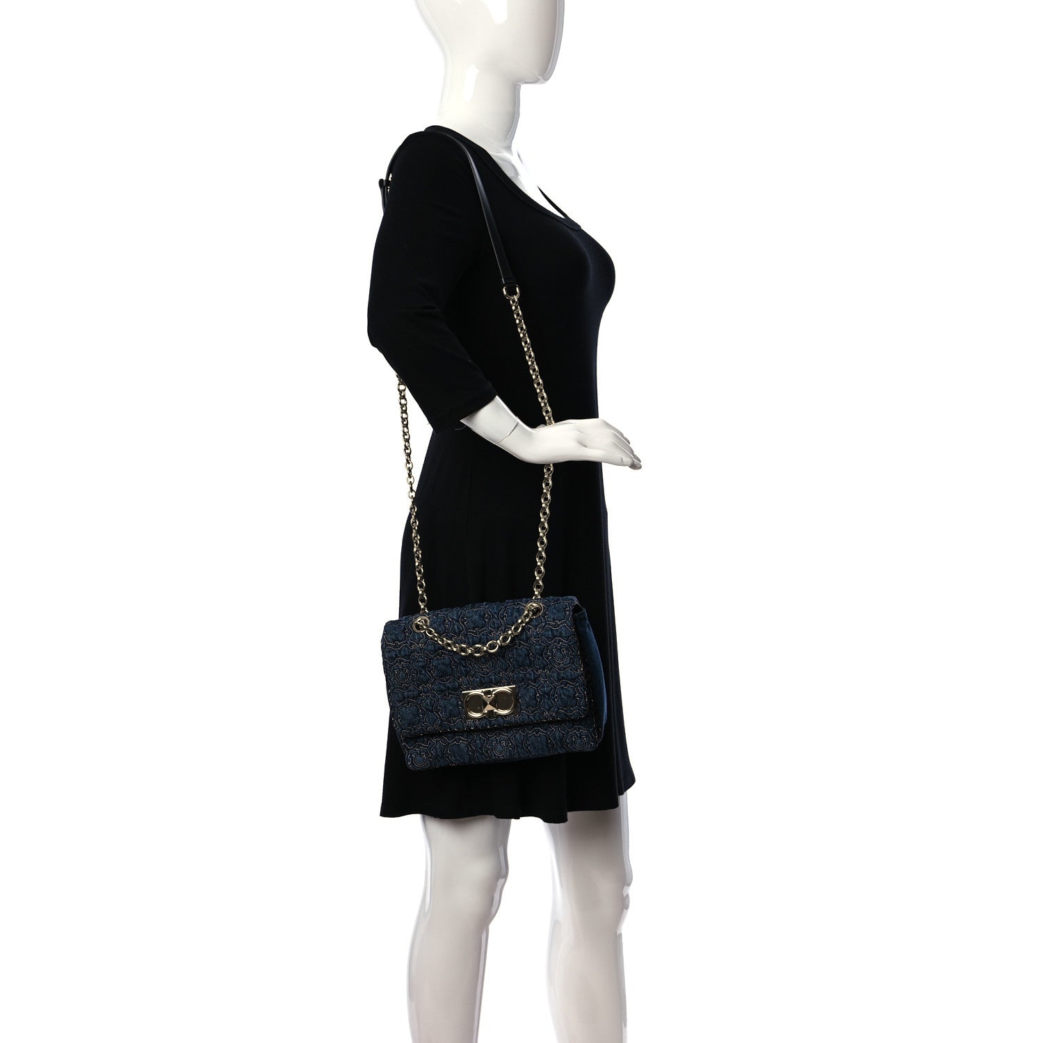 Salvatore Ferragamo Denim Quilted Gancini Small Flap Bag Blue 2 of 9