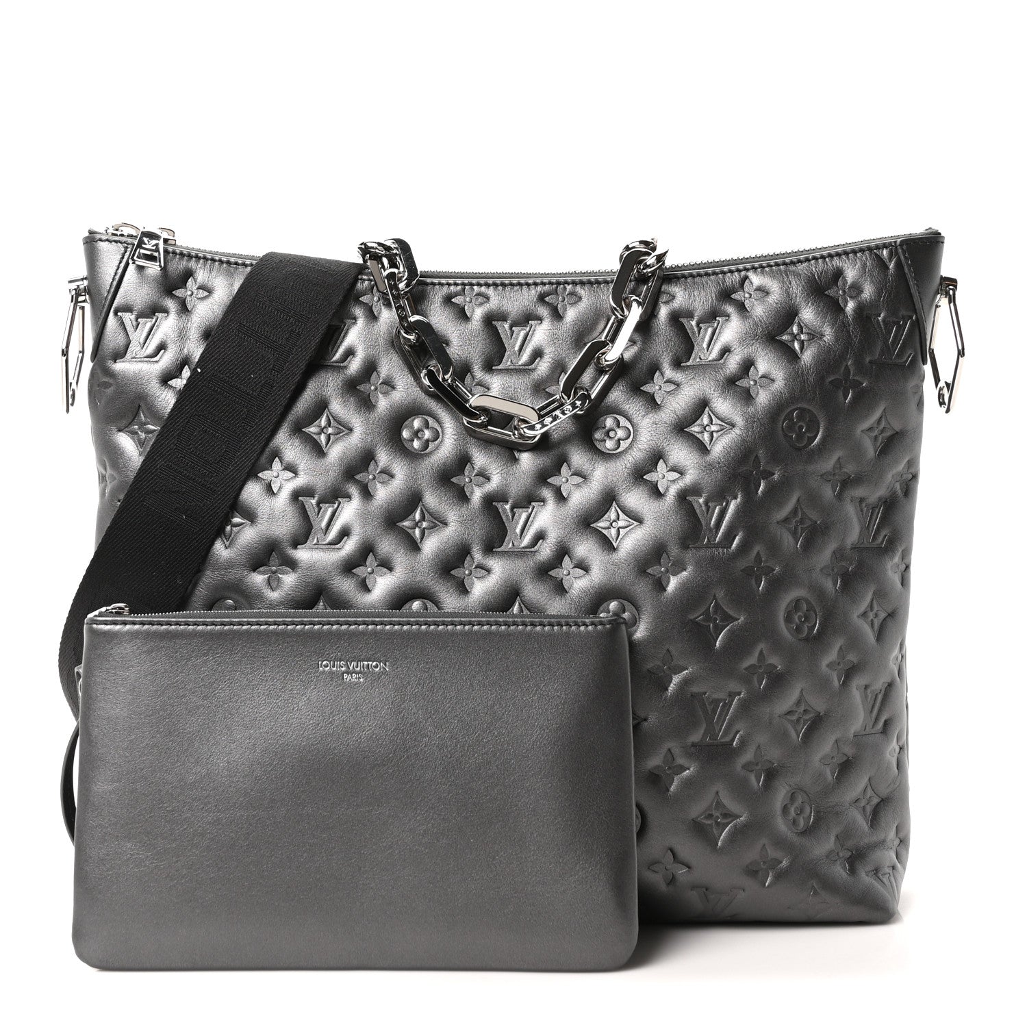 Louis Vuitton Calfskin Embossed Monogram Coussin Hobo MM Gunmetal Gray 3 of 10