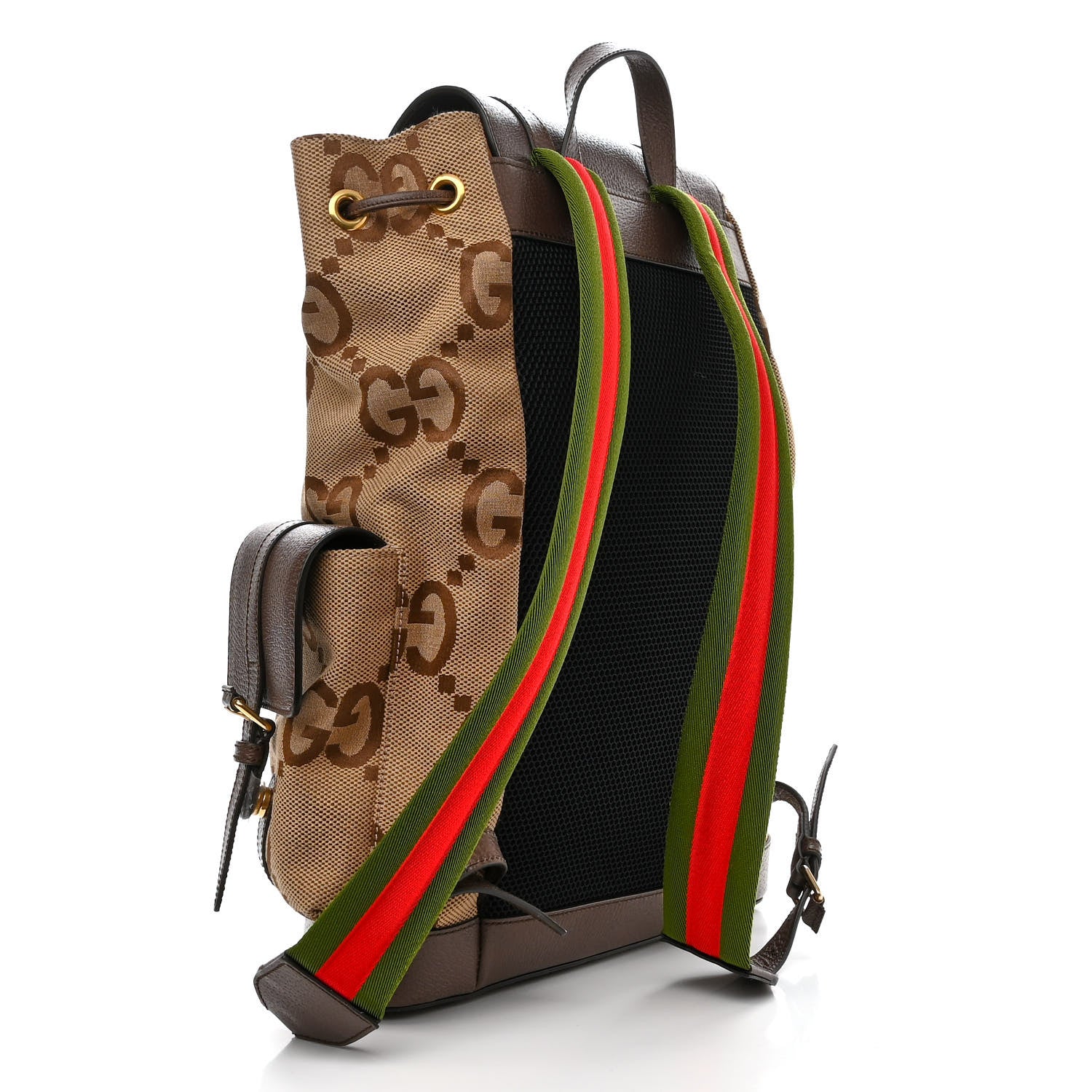 Gucci Monogram Jumbo GG Textured Dollar Calfskin Web Double Buckle Backpack Camel Ebony New Acero 3 of 13