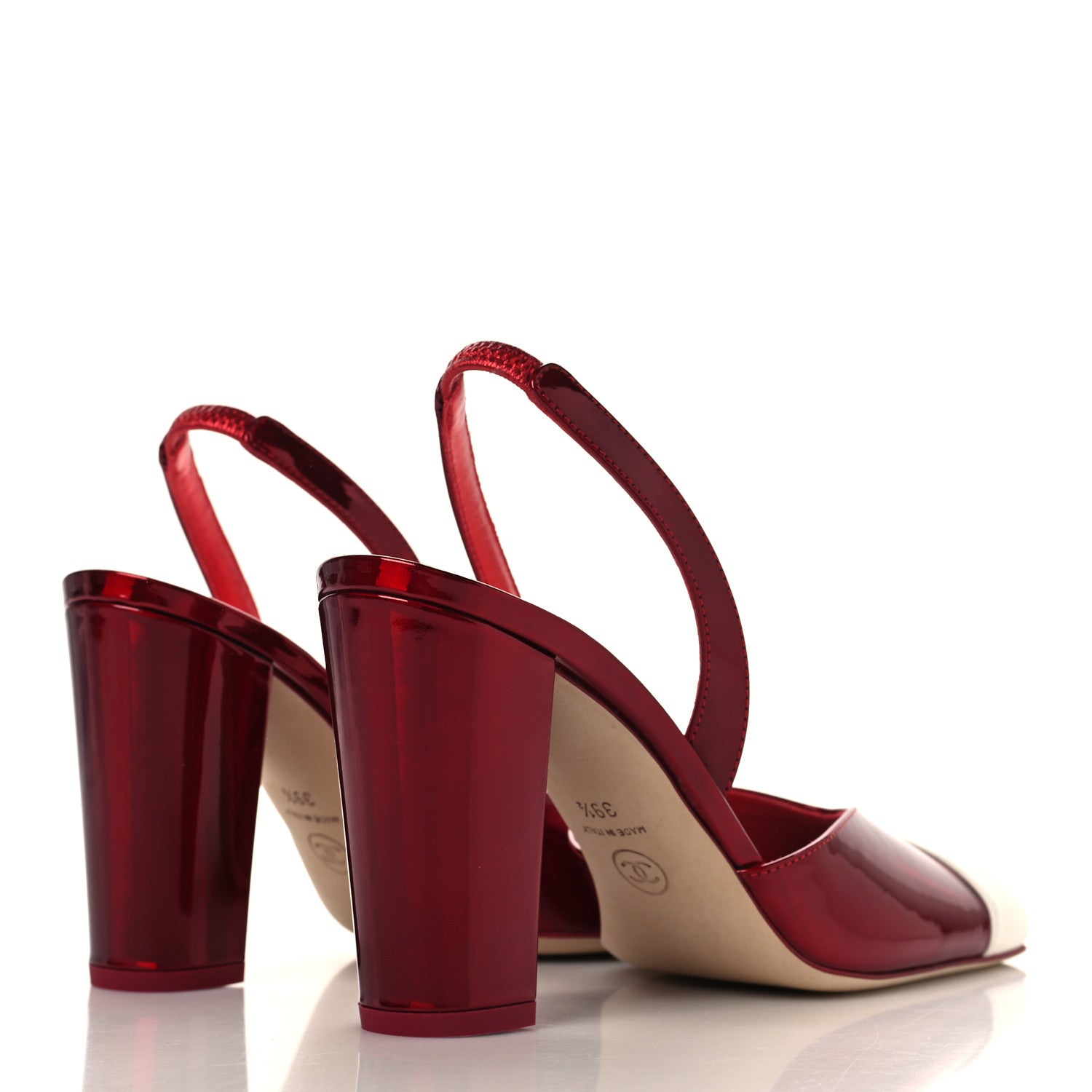 Chanel Laminated Calfskin Lambskin Cap Toe CC Slingback Pumps 39.5 Red Ivory 8 of 20