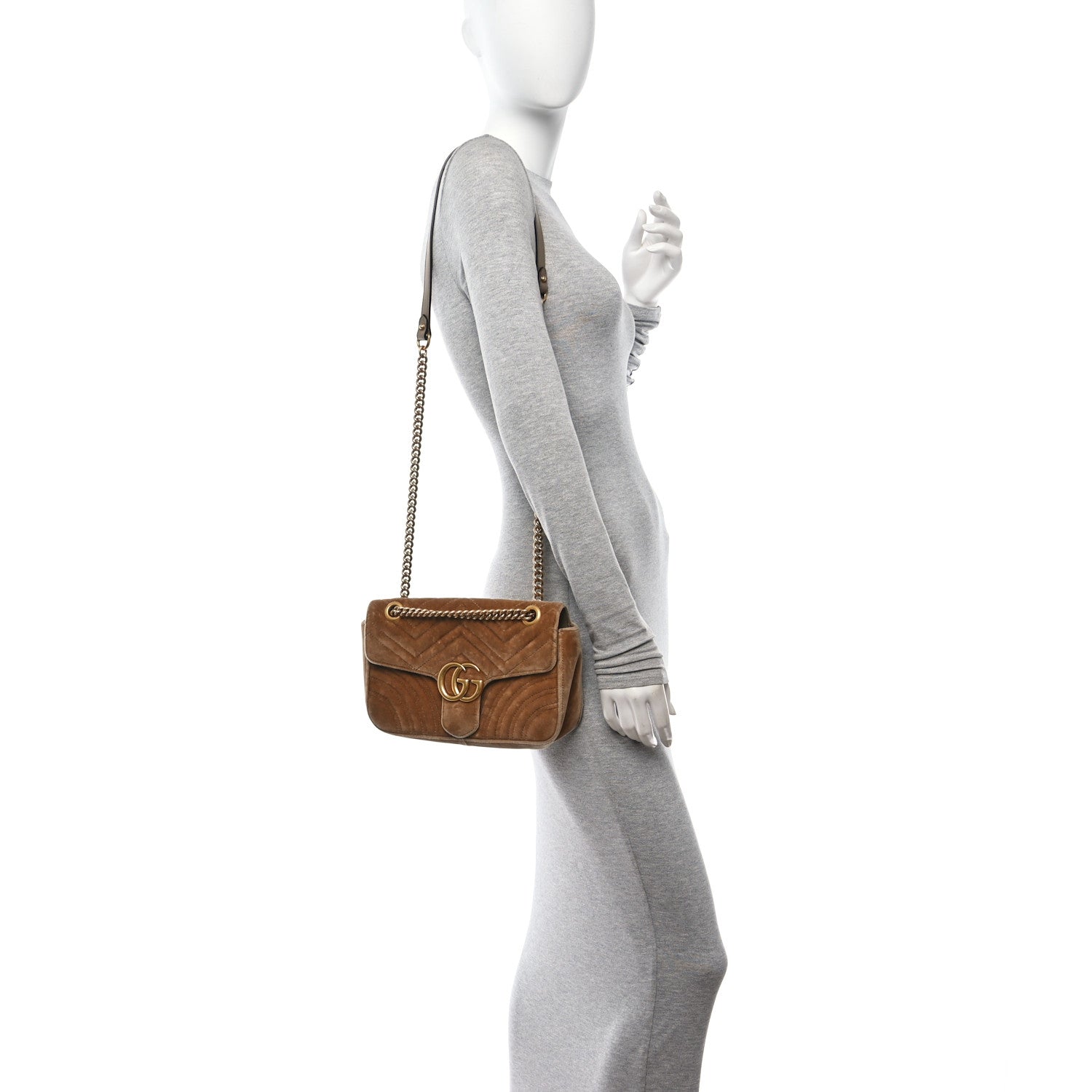 Gucci Velvet Matelasse Small GG Marmont Shoulder Bag Taupe 2 of 11