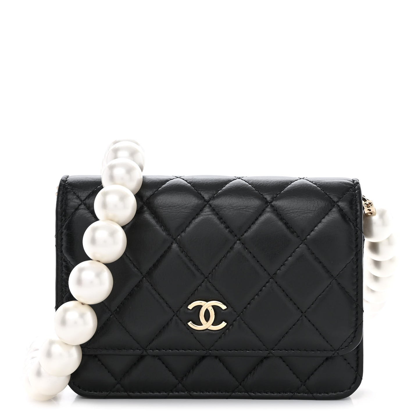 Calfskin Quilted Mini Maxi Pearls Wallet On Chain WOC Black