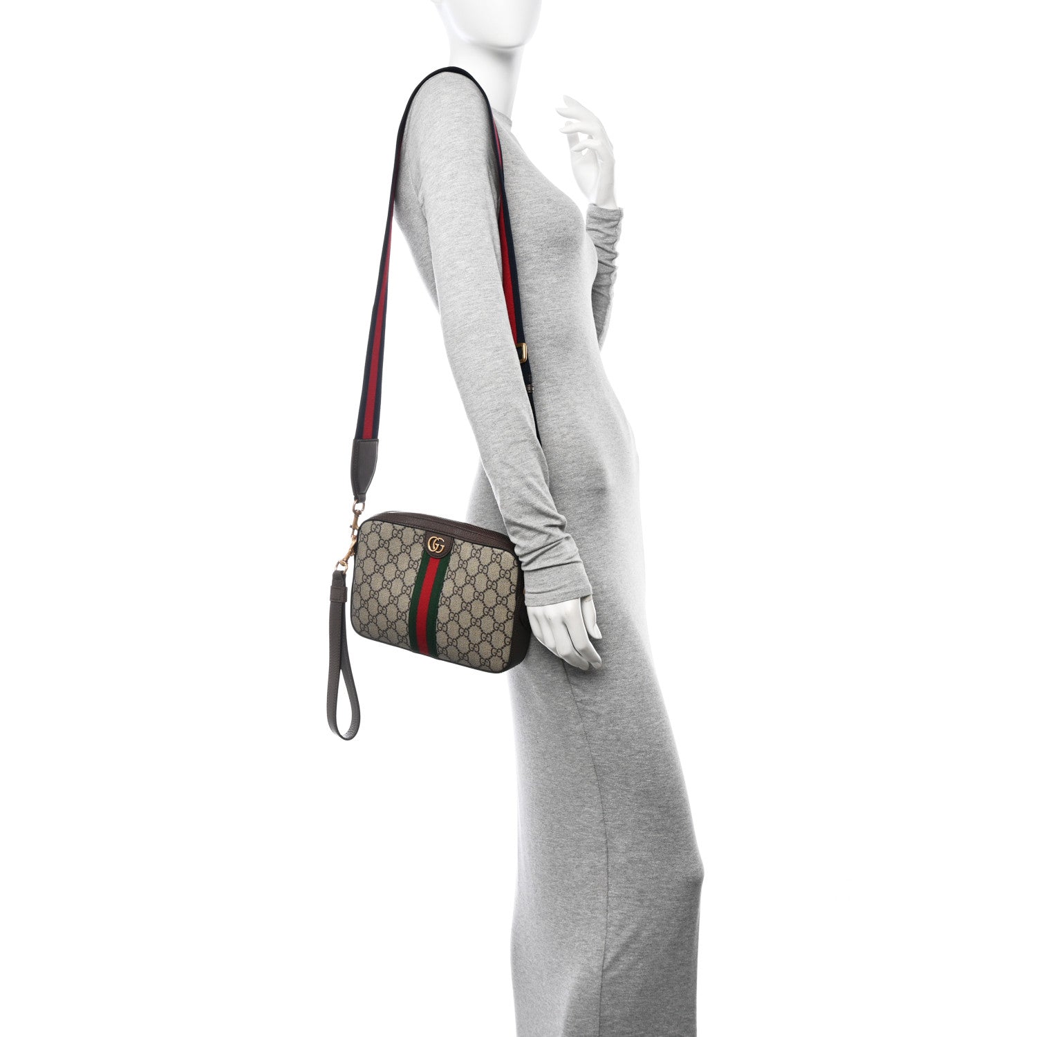 Gucci GG Supreme Monogram Textured Dollar Calfskin Web Ophidia Wristlet Shoulder Bag Beige Ebony New Acero 2 of 9
