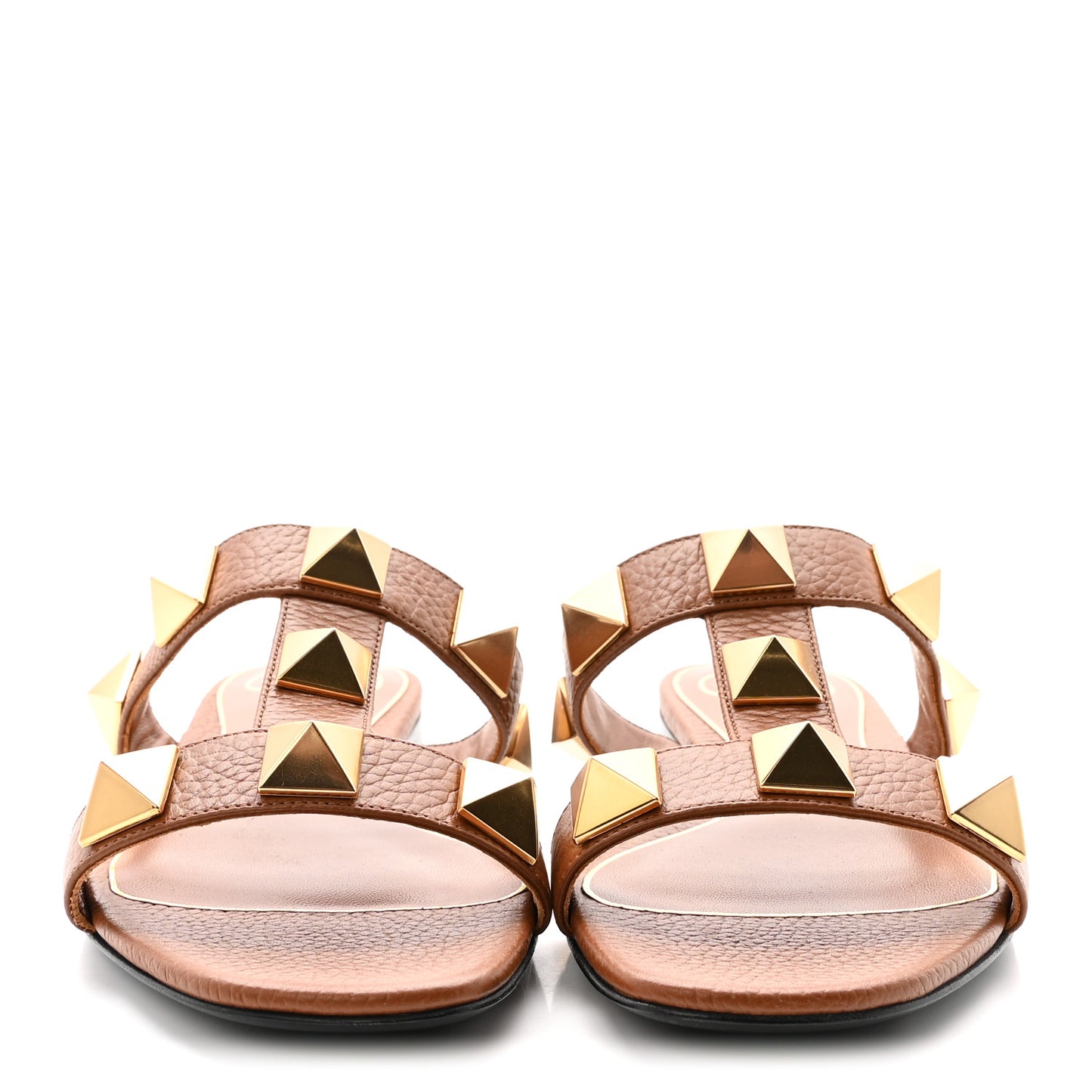 Calfskin Roman Stud Flat Slide Sandals 36 Saddle
