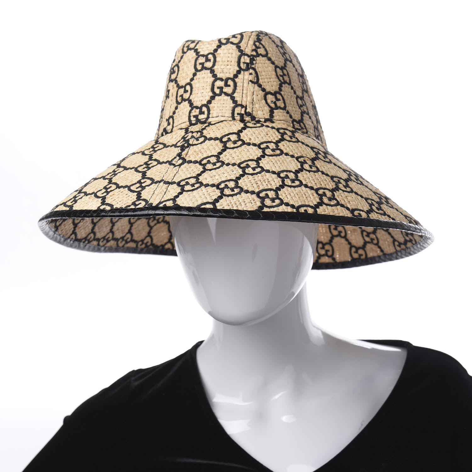 Gucci Raffia Elaphe GG Monogram Embroidered Wide Brim Hat Ivory Black 2 of 7