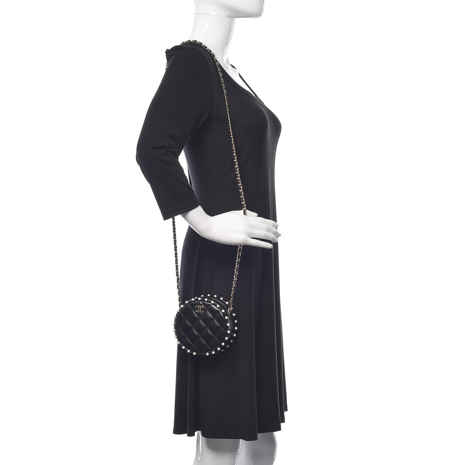 Chanel Calfskin Quilted Pearl Round Clutch With Chain Black 2 of 11
