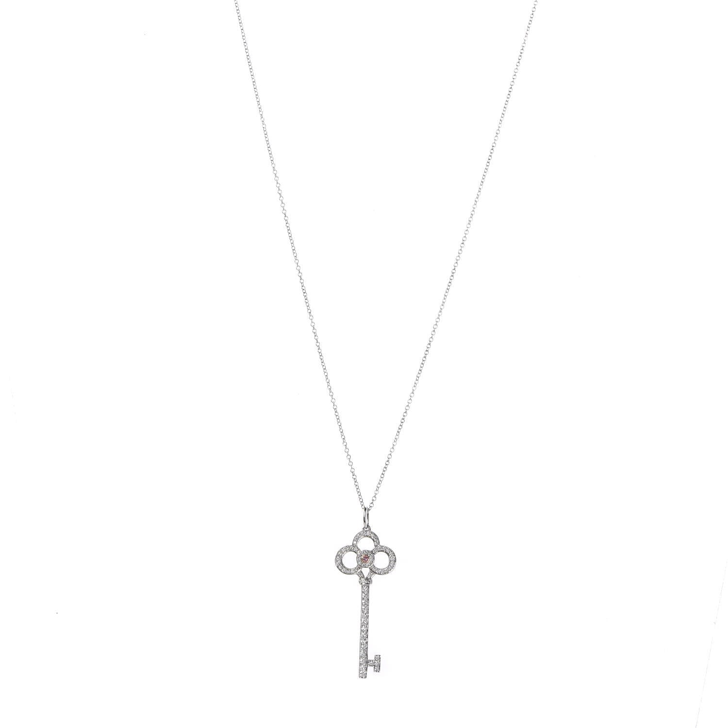 Tiffany Platinum 18K Rose White Gold Fancy Pink Diamond Crown Key Pendant Necklace 1 of 9
